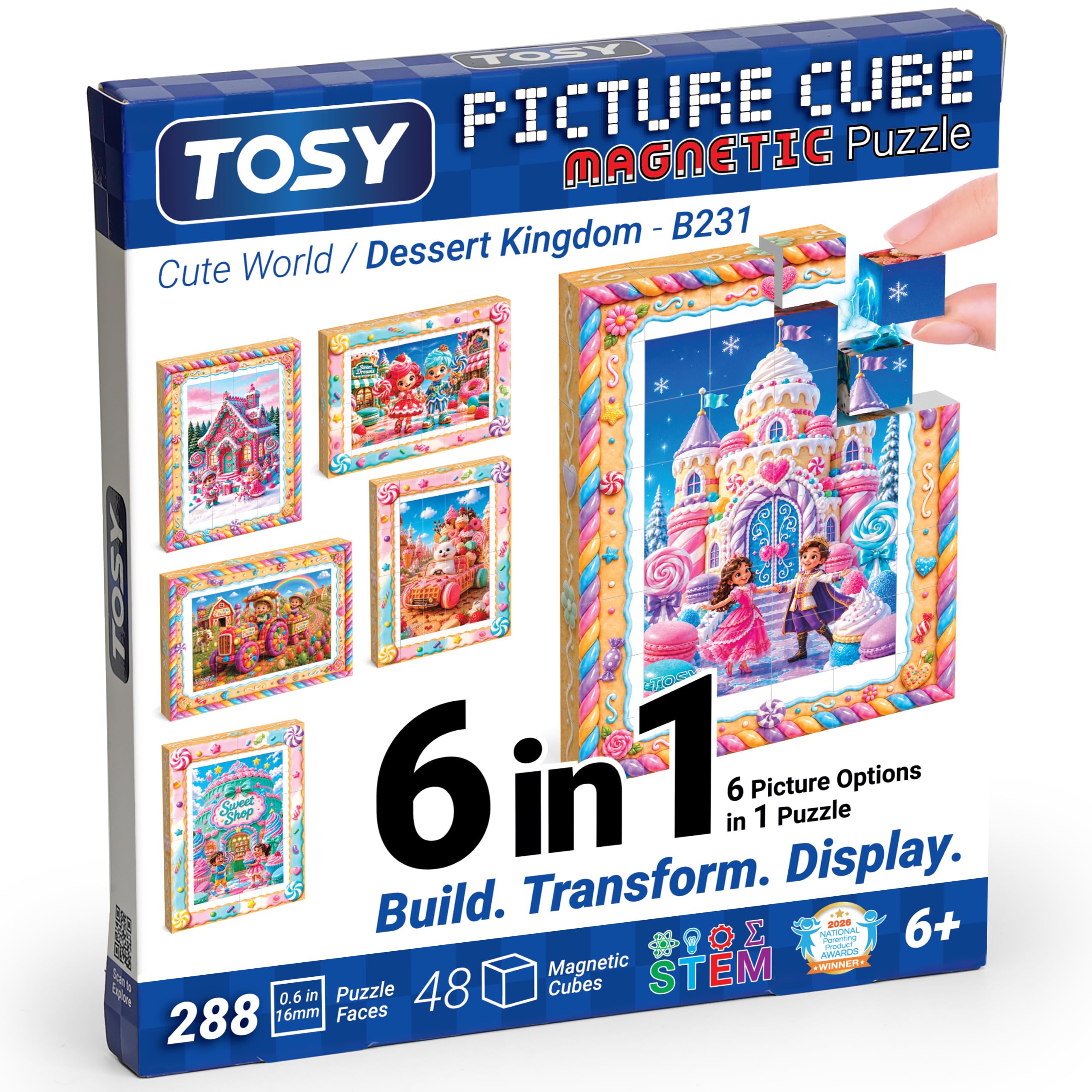 TOSY Picture Cube Dessert Kingdom: 6-in-1 magnetisches Bilderpuzzle, 48 Blöcke, 288 Puzzleflächen, 1,6 cm, B231, Nahtlose UV-Kunst, Display-Rahmen, Sammelstück, STEM/STEAM Geschenk