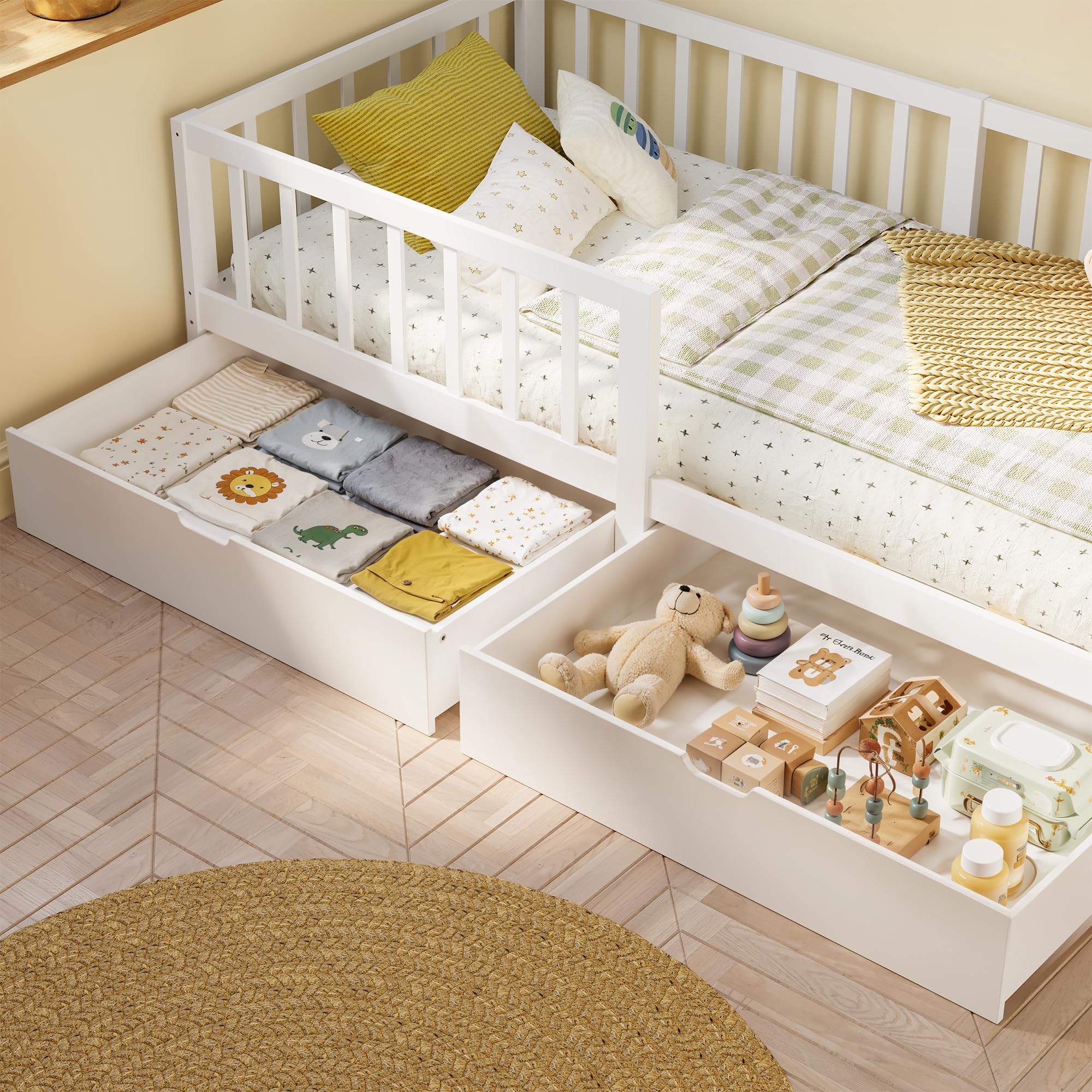 Xbro Letto per bambini 100×200 cm con cassetto, sponda anticaduta e rete a doghe, adatto anche per adolescenti, facile da montare, colore bianco