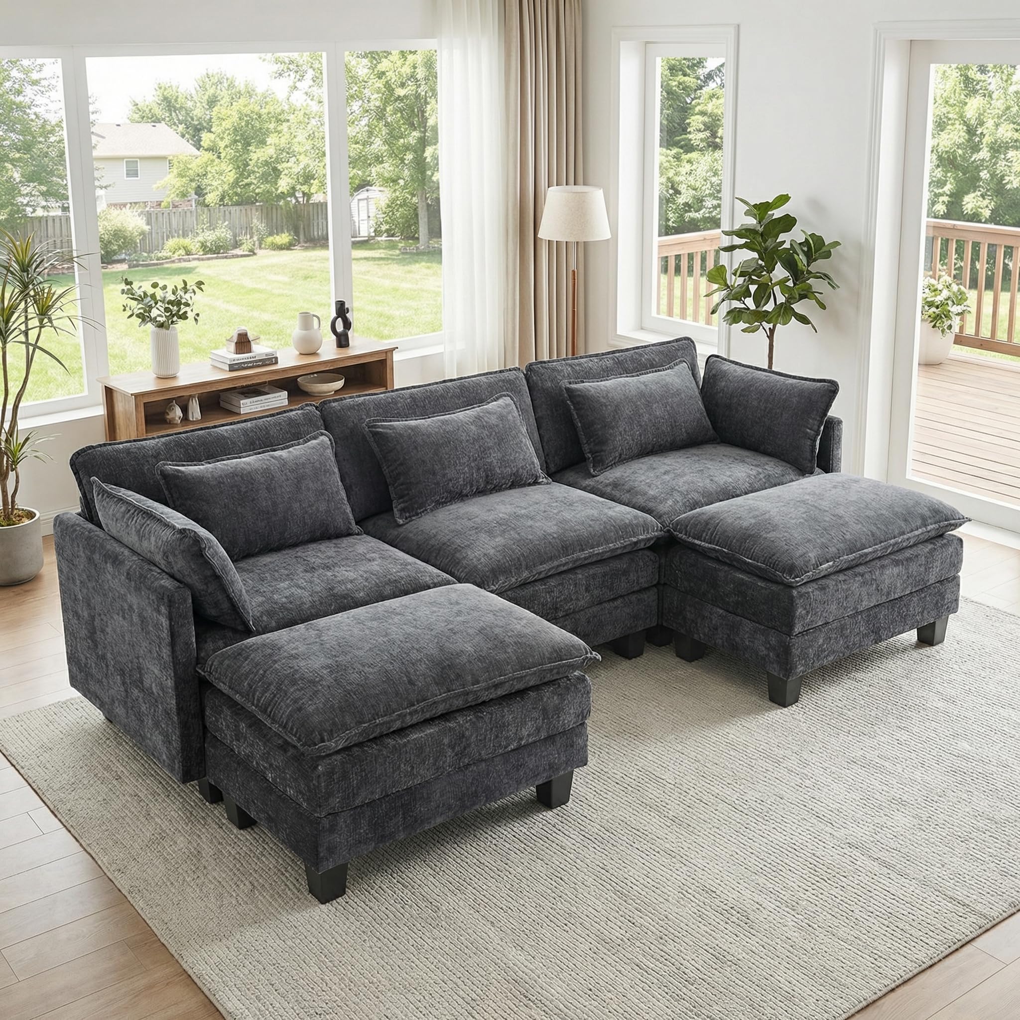Amada Sectional Couches for Living Room, 110.6" U Shape Cloud Modular Sectional Sofa, 5 Seater Chenille Deep Seat Sofa with 2 Movable Ottomans & Throw