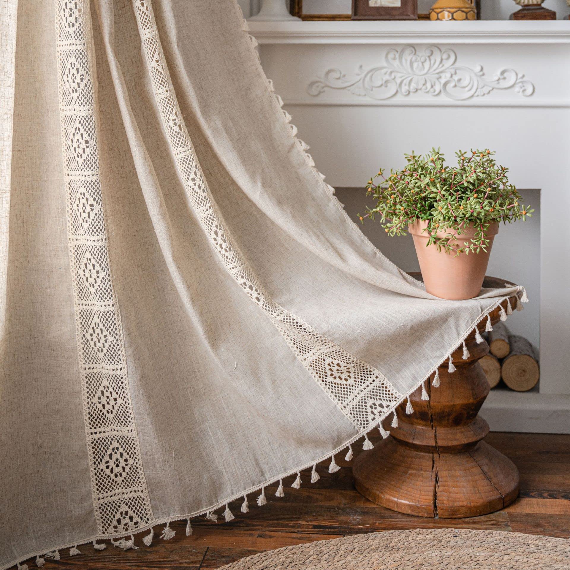 Lanqinglv Boho Blackout Curtains, Beige for Bedroom & Living Room, Cotton Linen with Macrame Tassels, 1 Panel Farmhouse Embroidery, 59" W x 78" L