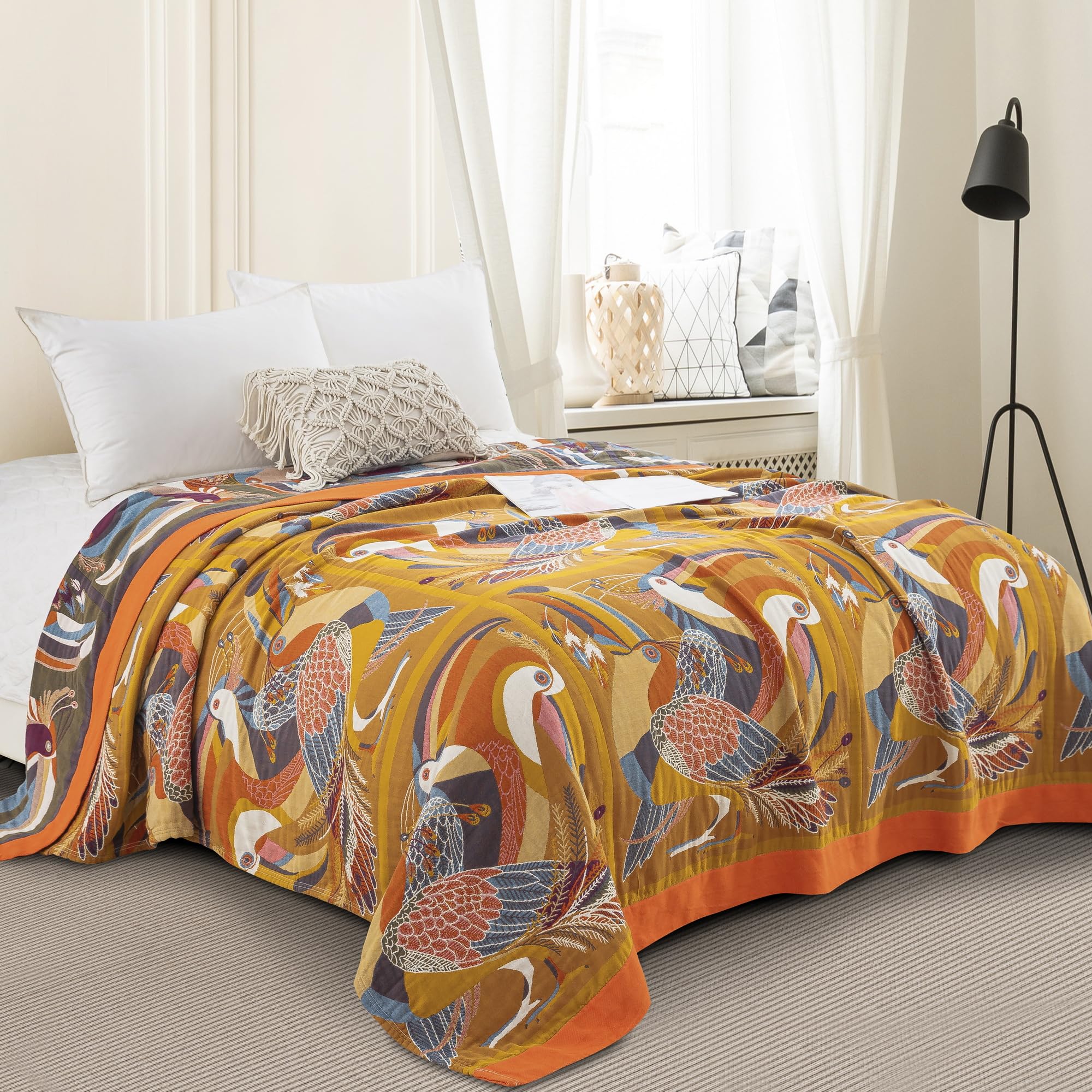 Purefair 100% Muslin Cotton Throw Blanket for Couch Bed Adults Kids, Oriole Bird Printed Boho Quilt 4 Layers Ultra Soft Lightweight Reversible Gauze