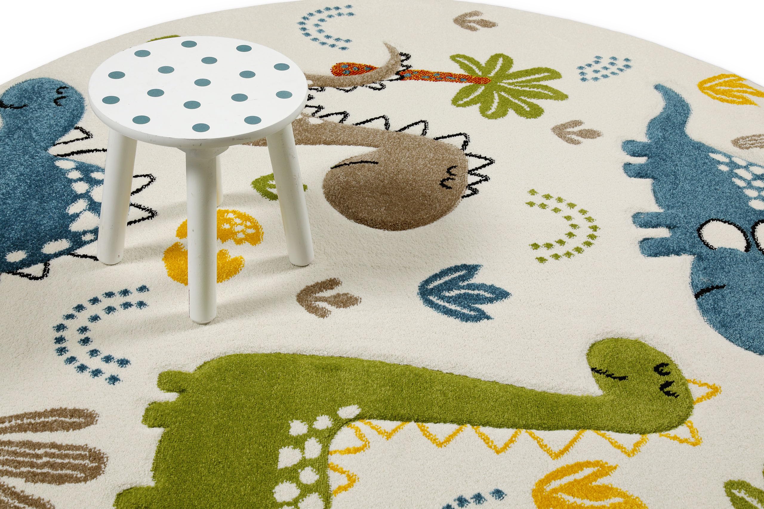 Smart Kids Tappeto per bambini in tessuto emozionante avventure con simpatici motivi dinosauri – Dino & Friends (120 cm rotondo, crema bianco)