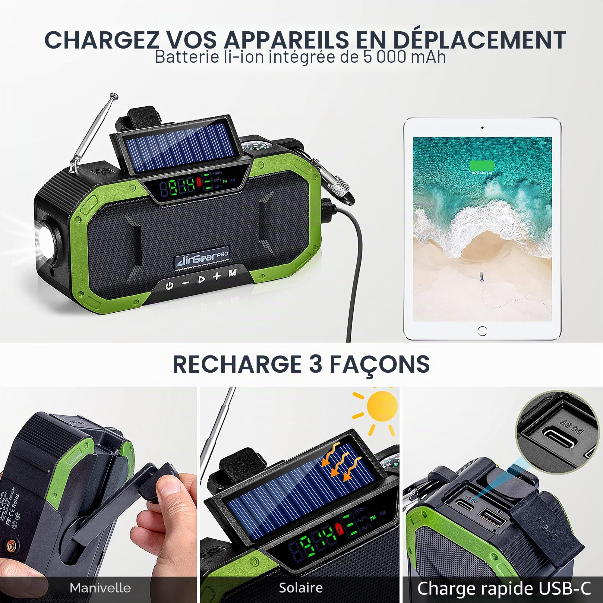 AirGearPro Radio Dynamo Portable de Survie avec Batterie 5000mAh - Chargeur USB pour Smartphone - Lampe Torche, FM/AM - Radio Solaire à Manivelle…