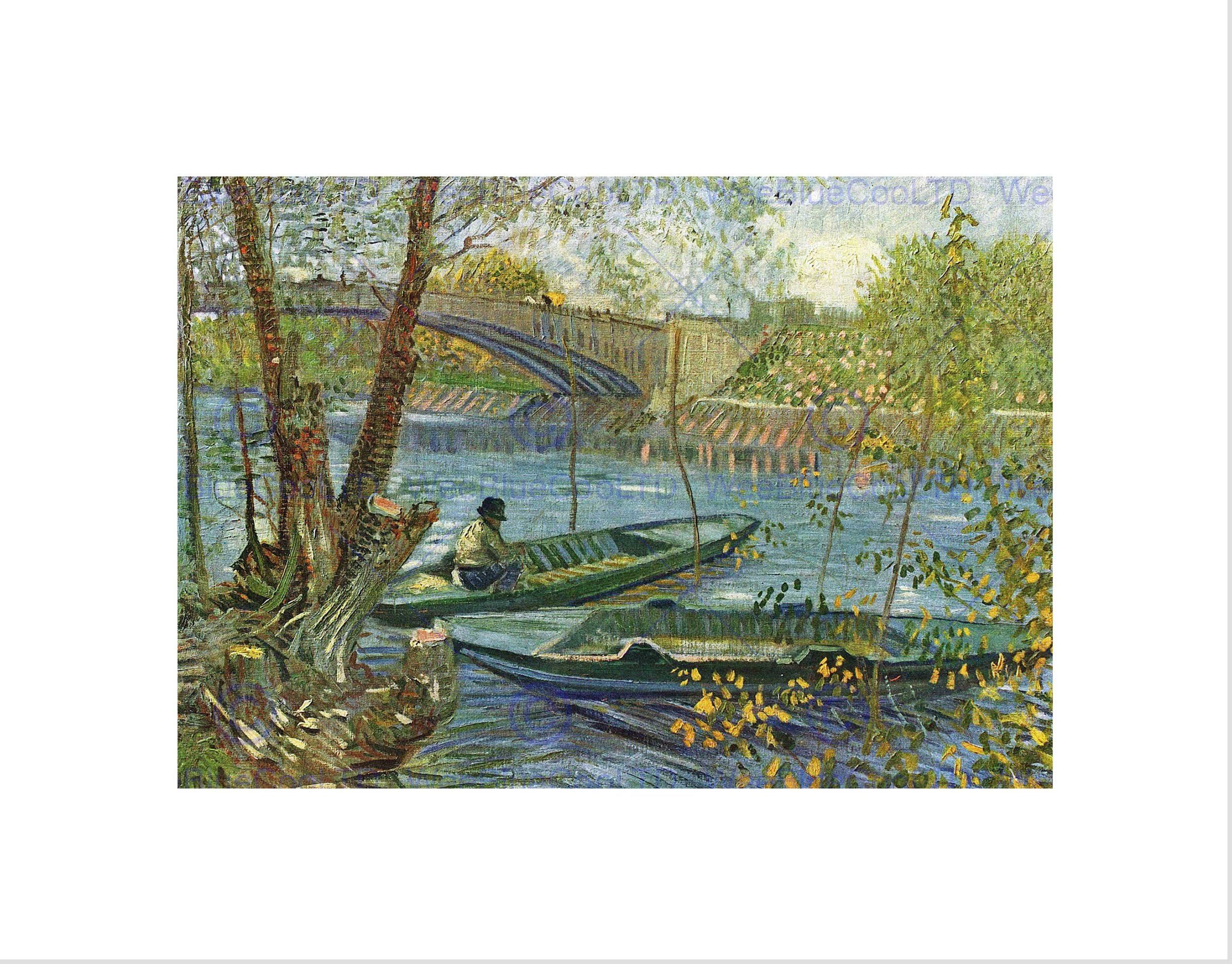 Wee Blue Coo VAN GOGH ANGLER BOAT AT PONT DE CLICHY BLACK FRAMED ART PRINT B12X1978