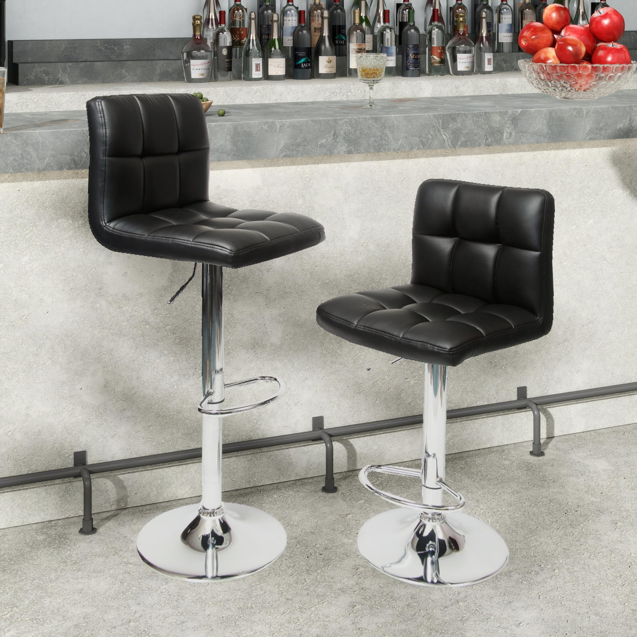 Roundhill Pelle Girevole Regolabile Idraulico Sgabello da Bar, Set di 2 Nero