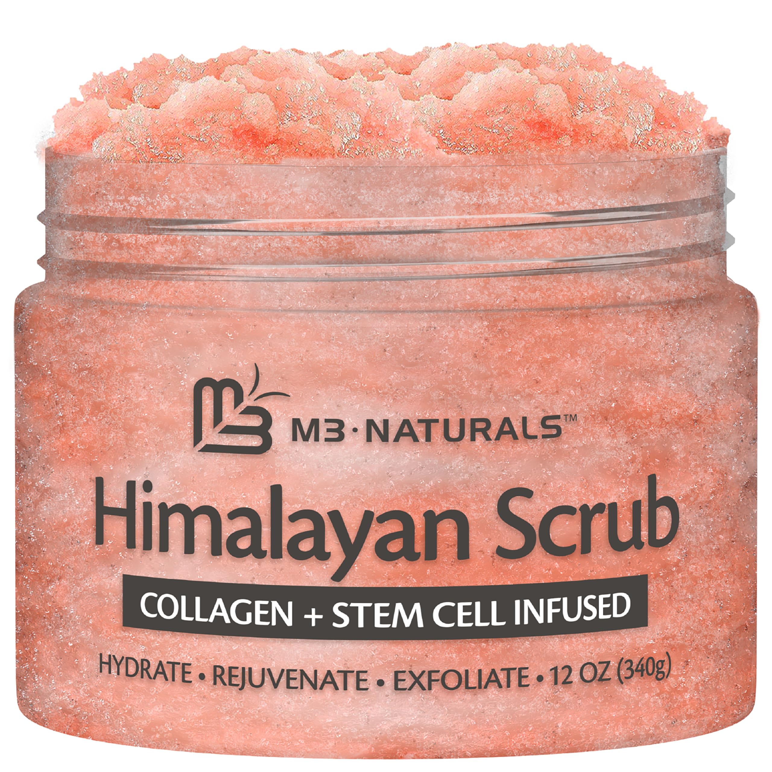 M3 Naturals Himalayan Salt Infused with Collagen & Stem Cell All Natural Body & Face Scrub with Lychee Sweet Almond Oil Skin Care Exfoliating Blackheads Acne Scars Reduces Wrinkles 12 OZ