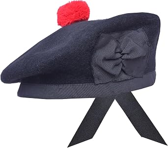 Traditional Scottish Balmoral Bonnet Hat - Men's Wool Kilt Hat with Red Pompom & Ribbons -Comfortable Fit -Highland Dress Accessory - Scottish Army Beret Cap