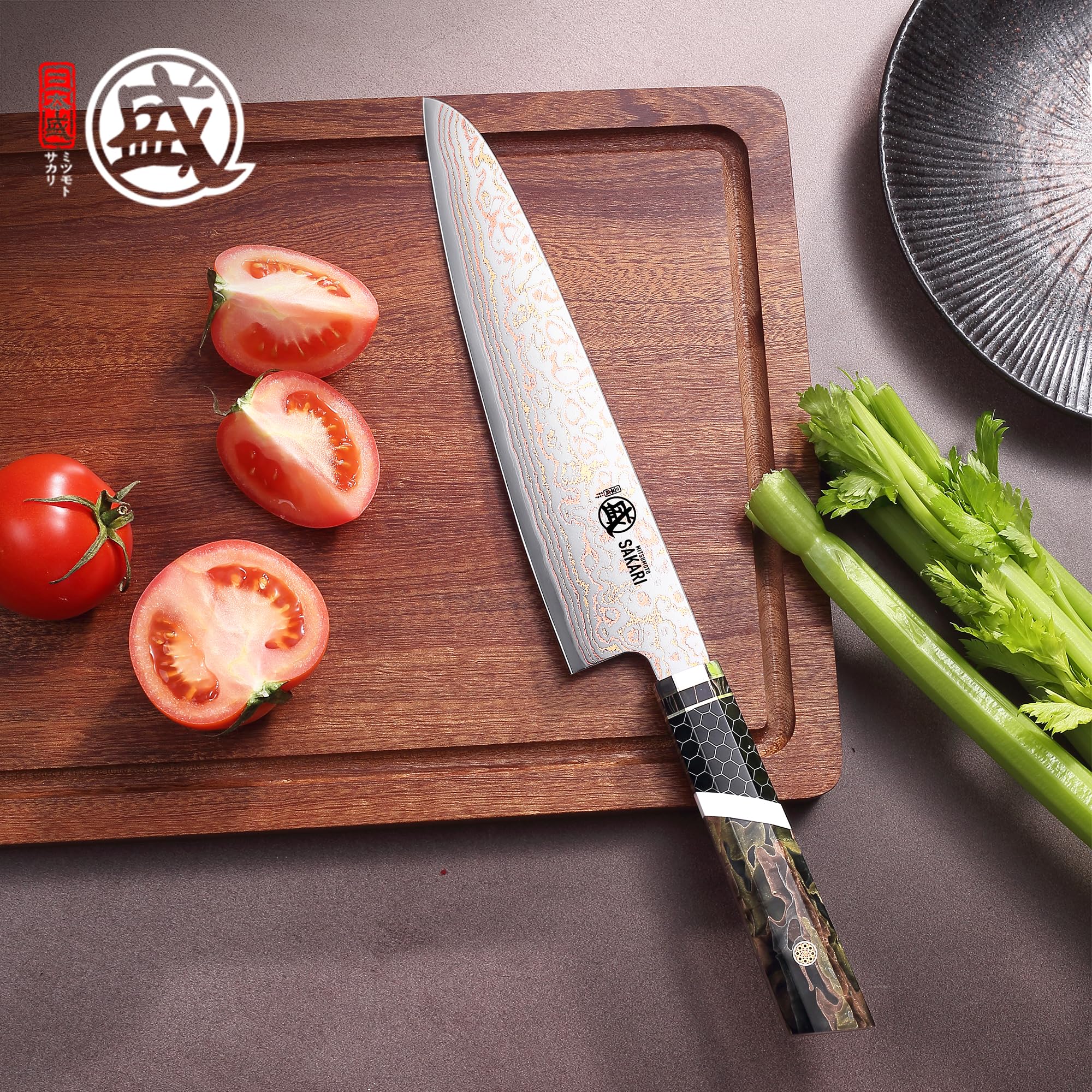 MITSUMOTO SAKARI Nóż Gyuto 21 cm, Nóż Szefa Kuchni z Damasceńskiej Stali | Uniwersalny Nóż Kuchenny, Wysokiej Twardości HRC 60±1, Ręcznie Kutym Rdzeniem Stalowym