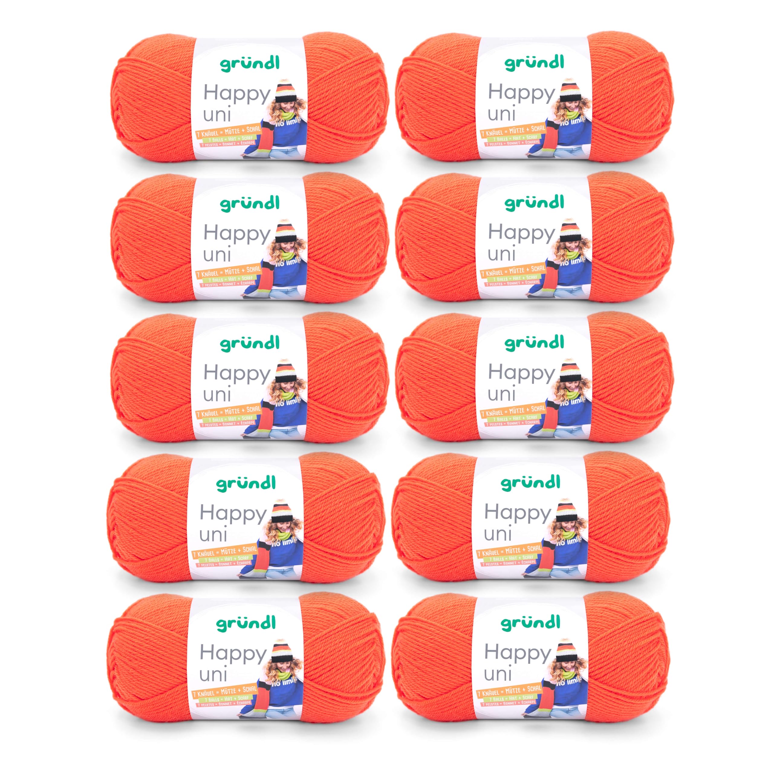 Gründl Happy Uni (Filato per Maglieria e Uncinetto con Carattere Simile alla Lana in 100% poliacrilico, Anti-Pilling, 100 g / 250 m, Dimensioni dell'ago: 4-5, 10 x 100 g), Arancione