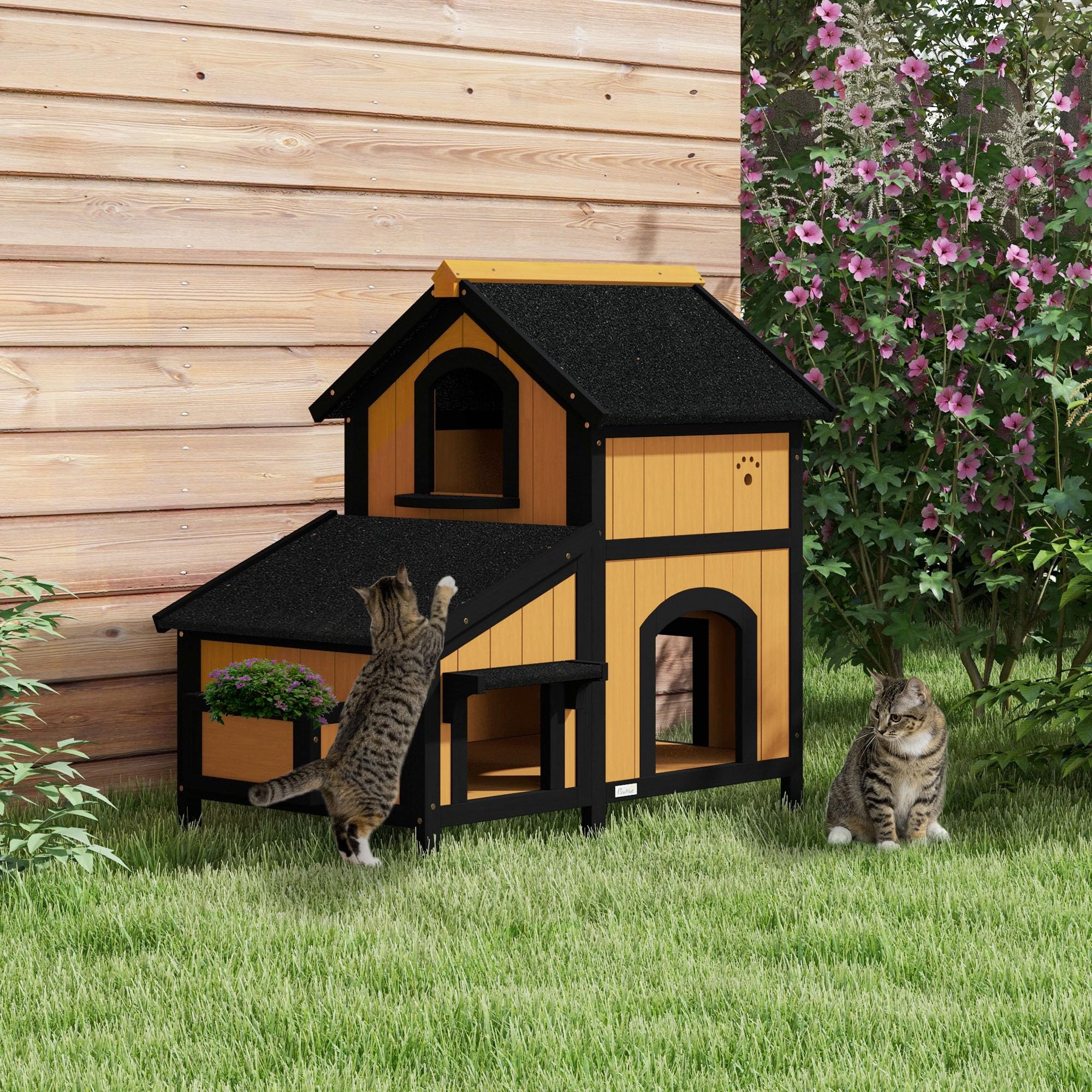 Casetta per gatti PawHut, in legno di abete, rifugio per gatti con diverse entrate, 2 piani, grotta per gatti all'aperto, casetta per animali con tetto in asfalto, fioriera, resistente all'inverno,