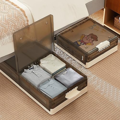 VECELO Almacenamiento debajo de la cama con ruedas, paquete de 2 contenedores de almacenamiento apilables debajo de la cama, contenedores de