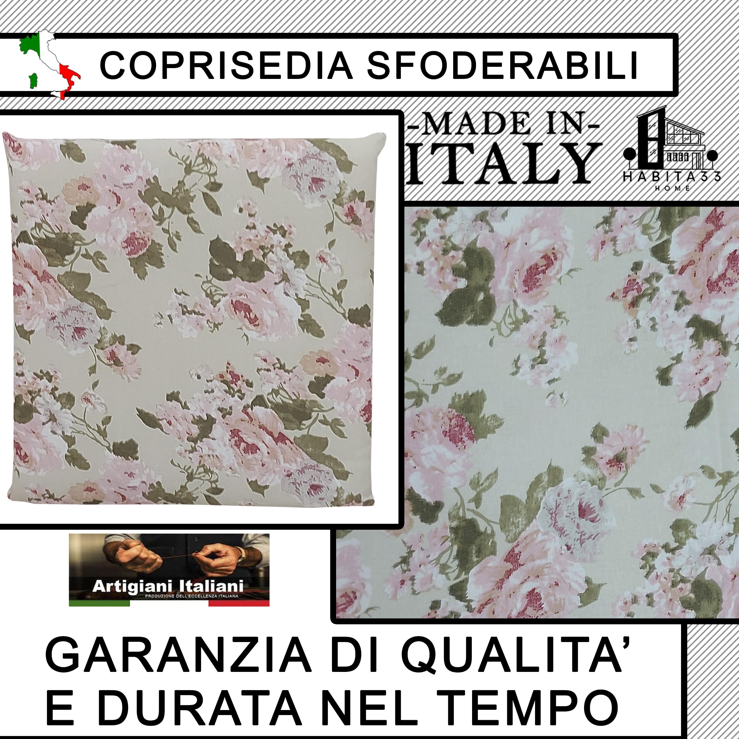 Cuscini Sedie Cucina Set 4 Peonia Rosa, Cuscini Quadrati 40x40 cm, Coprisedia con Laccetti, Sfoderabili, 100% Cotone Double Face