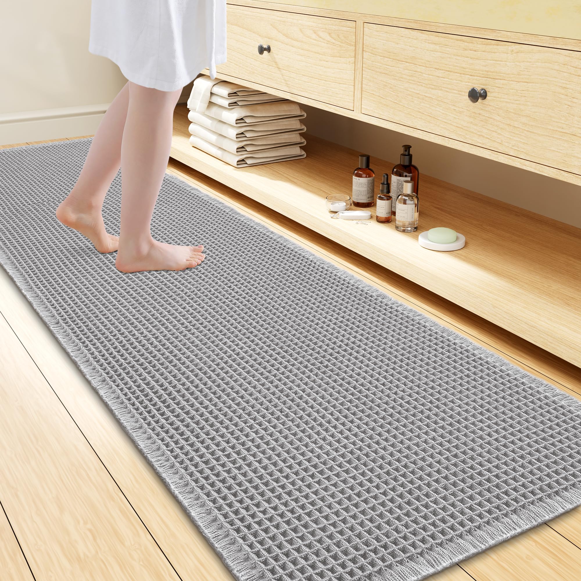 Smiry Waffle Bath Mat 72X24, Extra Soft Absorbent Bathroom Rugs, Light Grey
