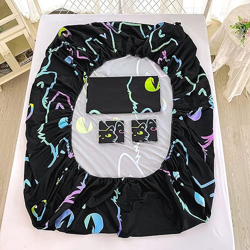 Miniatura 7 de BailiPromise Lindo juego de sábanas de dibujos animados de gatos, tamaño individual, sábanas Kawaii con diseño de animales de trazos simples con