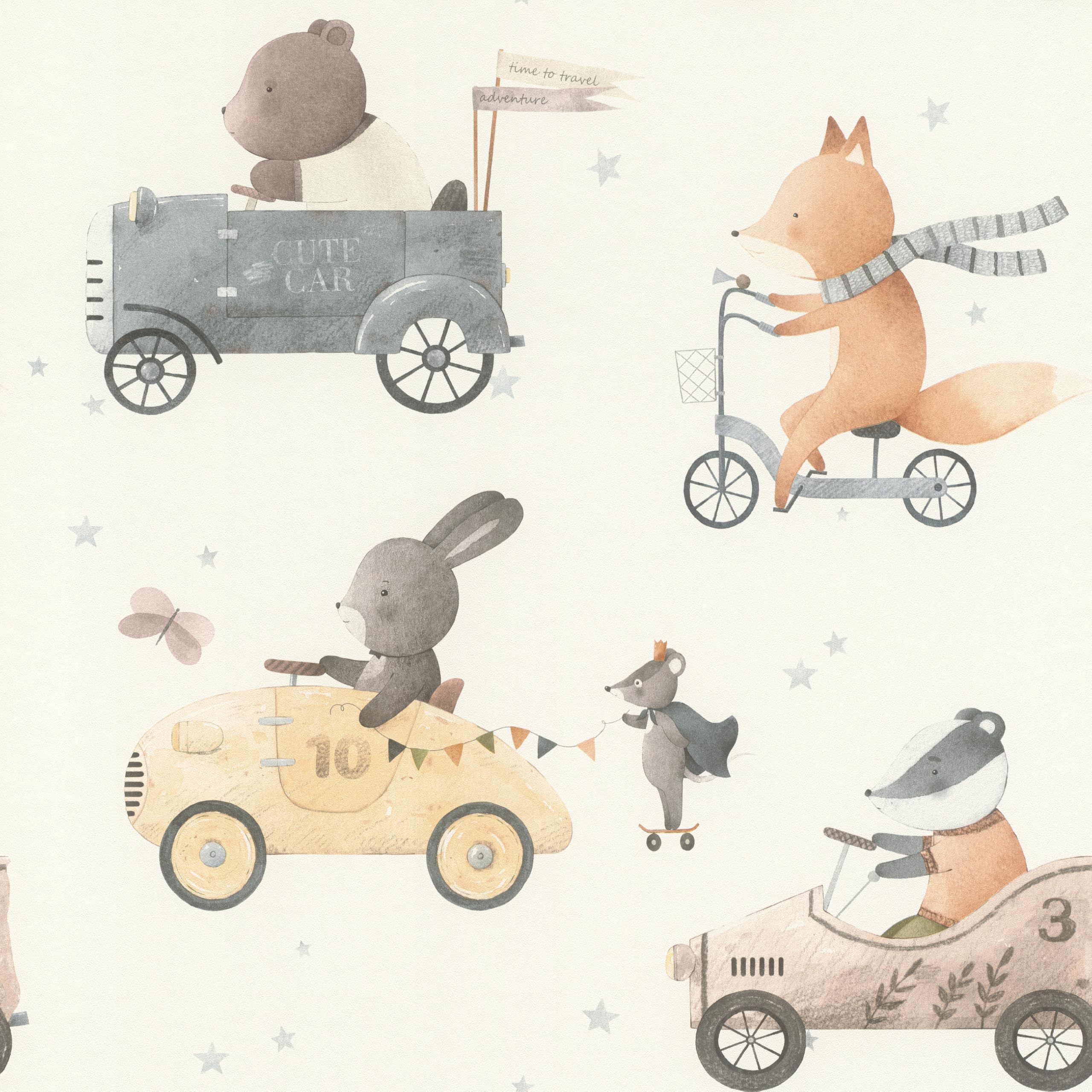 B&Q -  Kids Wallpaper Beige Woodland Animals Vehicles Nursery Watercolour Wallpaper