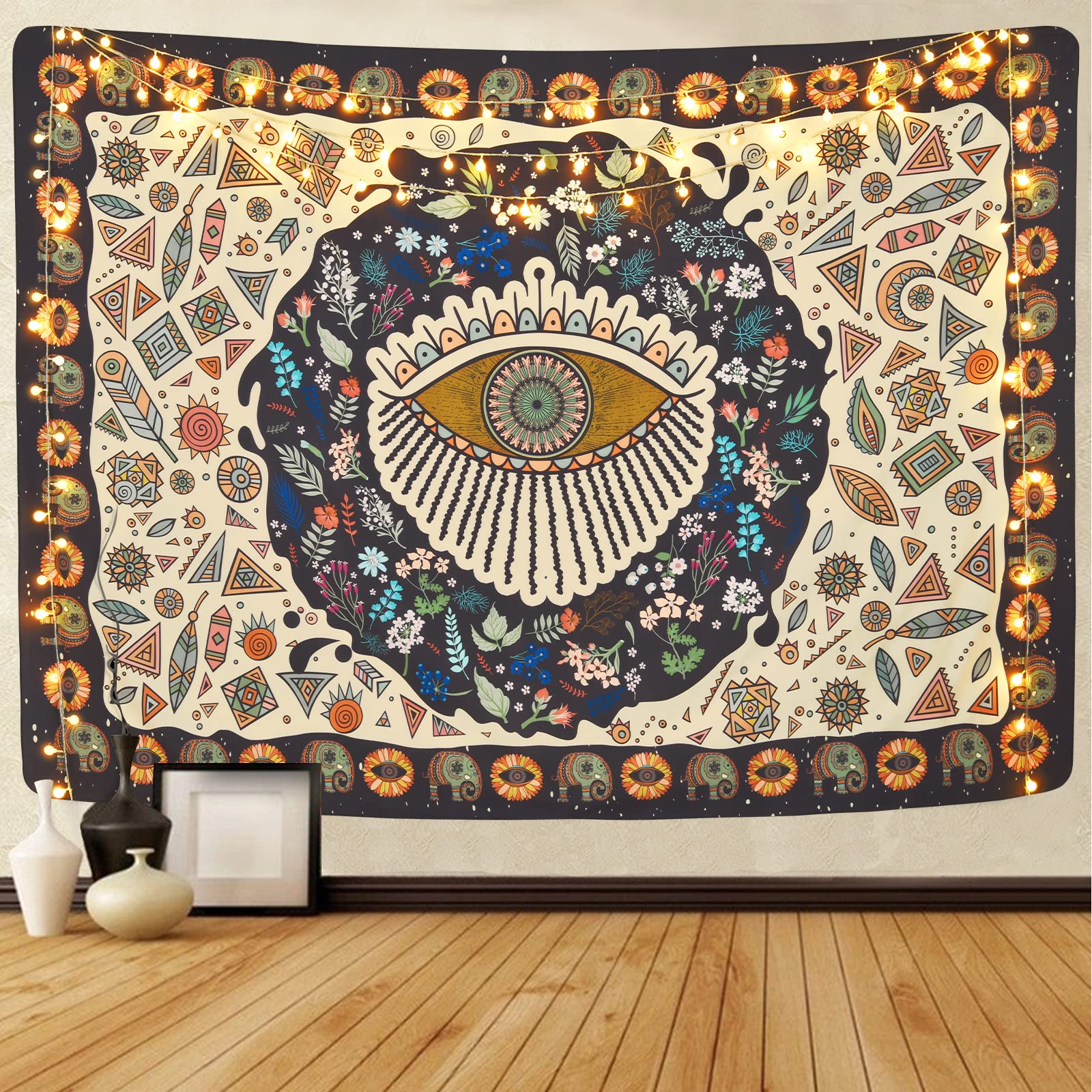 Uspring Mandala Bohemian Tapestry Floral Elephant Tapestries Psychedelic Eyes Tapestry Abstract Geometry Tapestry Hippie Vintage Tapestry Wall Hanging for Room (51.2 × 59.1 inches)