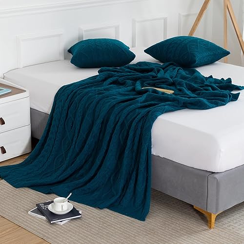 Miniatura 4 de MILVOWOC Manta de acrílico óxido y 2 fundas de almohada, 50 x 60 pulgadas, diseño clásico de punto trenzado, acogedora y transpirable, para todas