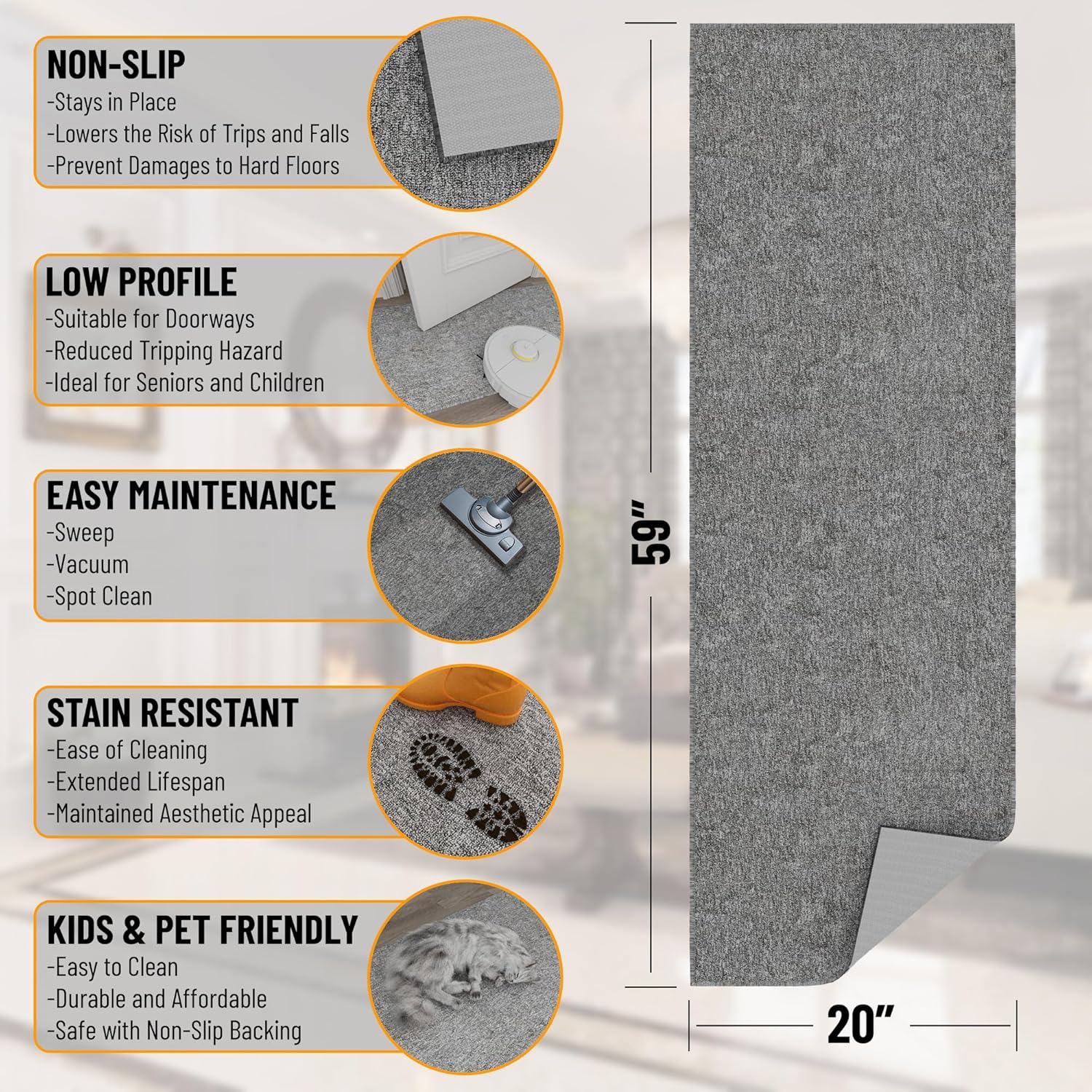 Ottomanson Door Mat Indoor Entryway Runner Rug – Non-Slip Durable Low-Pile Runner with Stain-Resistant Surface, 20" x 59", Gray
