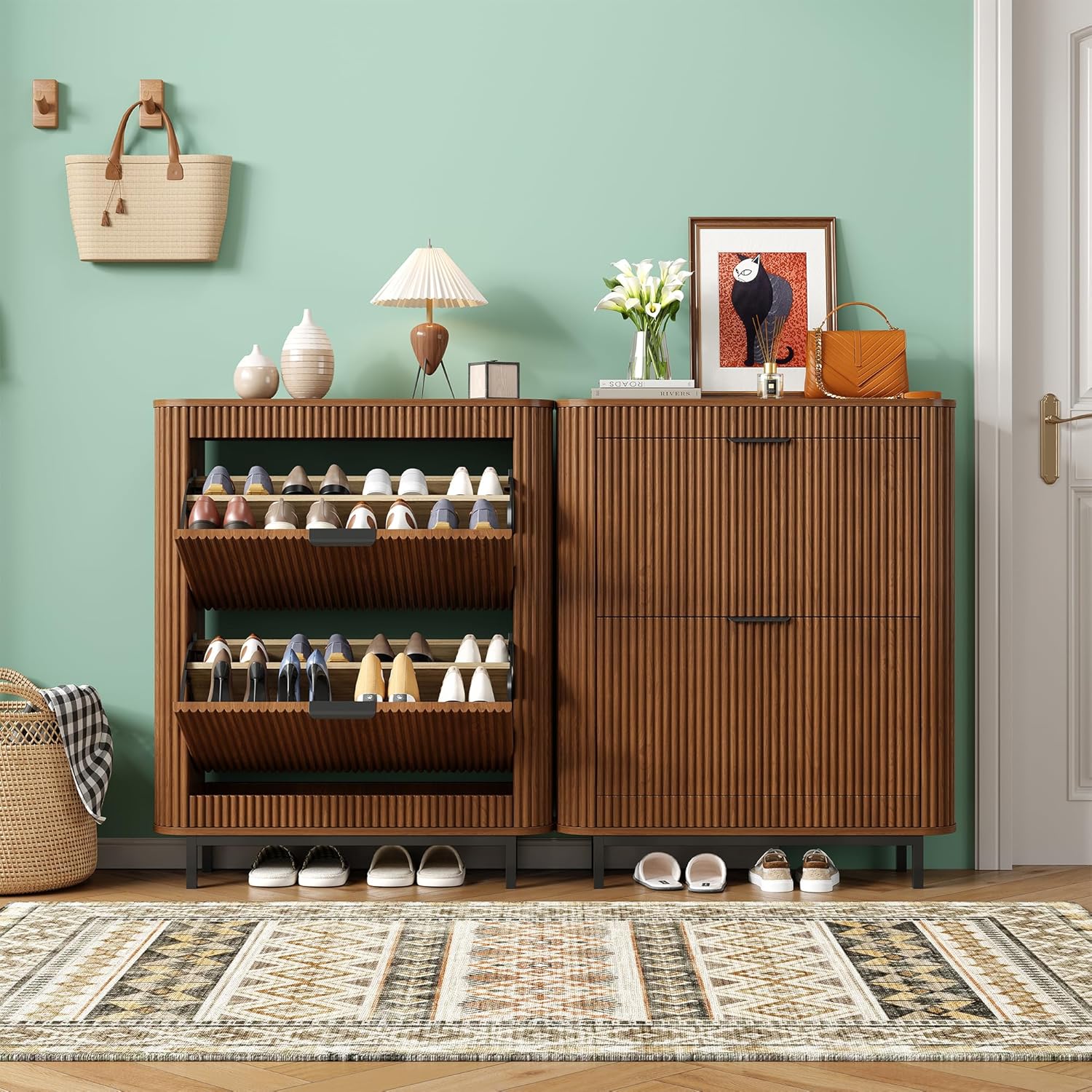 Shoe Cabinet with 2 Flip Drawers, Arc Narrow Wood Shoe Storage Cabinet with Fluted Panel and Metal Legs, Freestanding Wood Hidden Shoe Rack Cabinet for Foyer, Hallway, Walnut Walnut Oak
