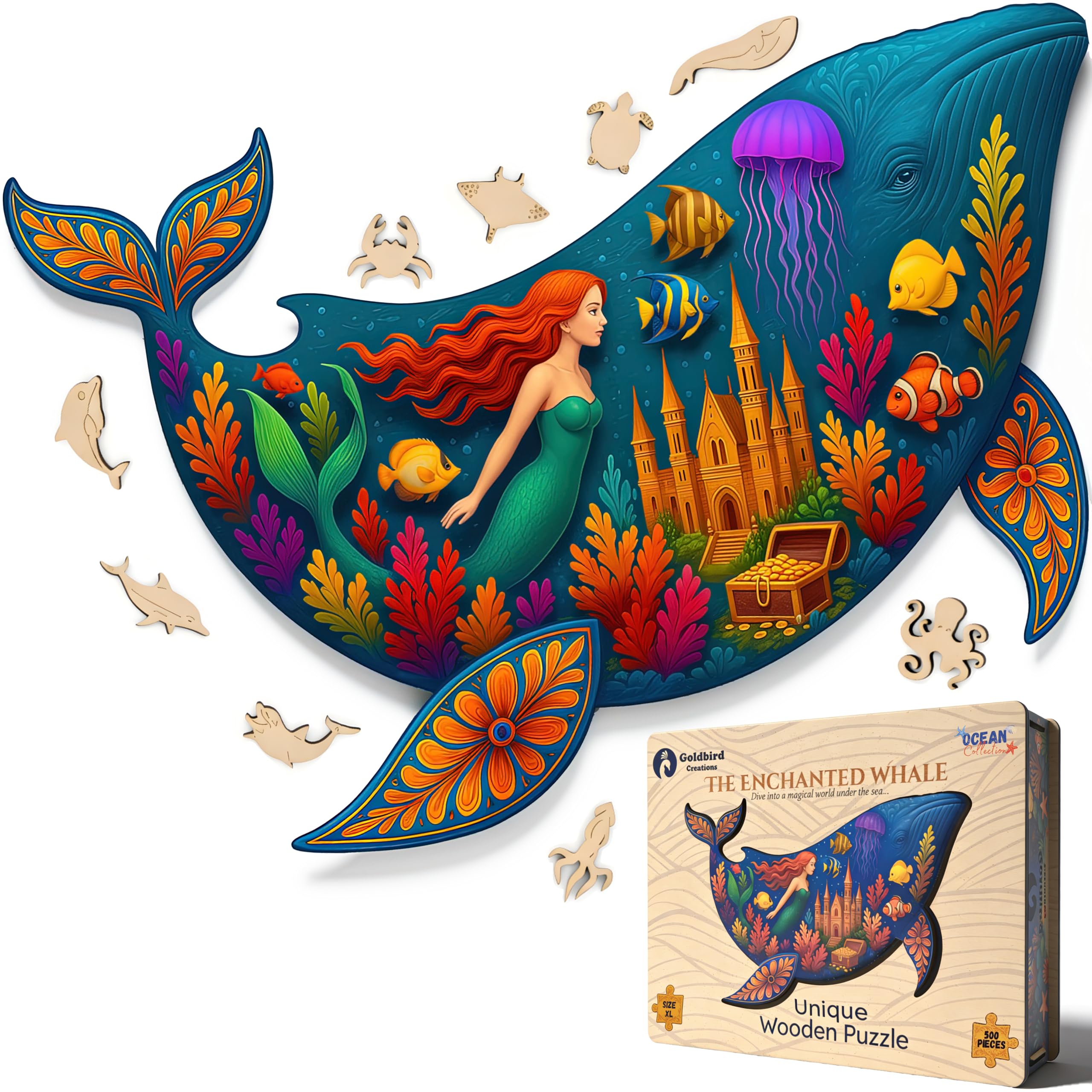Goldbird Wooden Puzzles for Adults 200 Pieces - Whale Shaped Wood Puzzles | Eco-Friendly Wooden Jigsaw Puzzles for Adults - Unique Gift For Puzzle