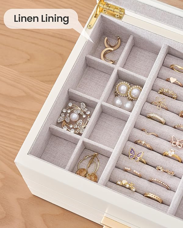 Lolalet Jewelry Box, Clear Window Wood Grain Jewelry Storage for Earrings Bracelets Necklaces Rings, High Capacity Organizer for Women, Valentine's Day Gift -Beige, 3 Layers by Lolalet - Image 2
