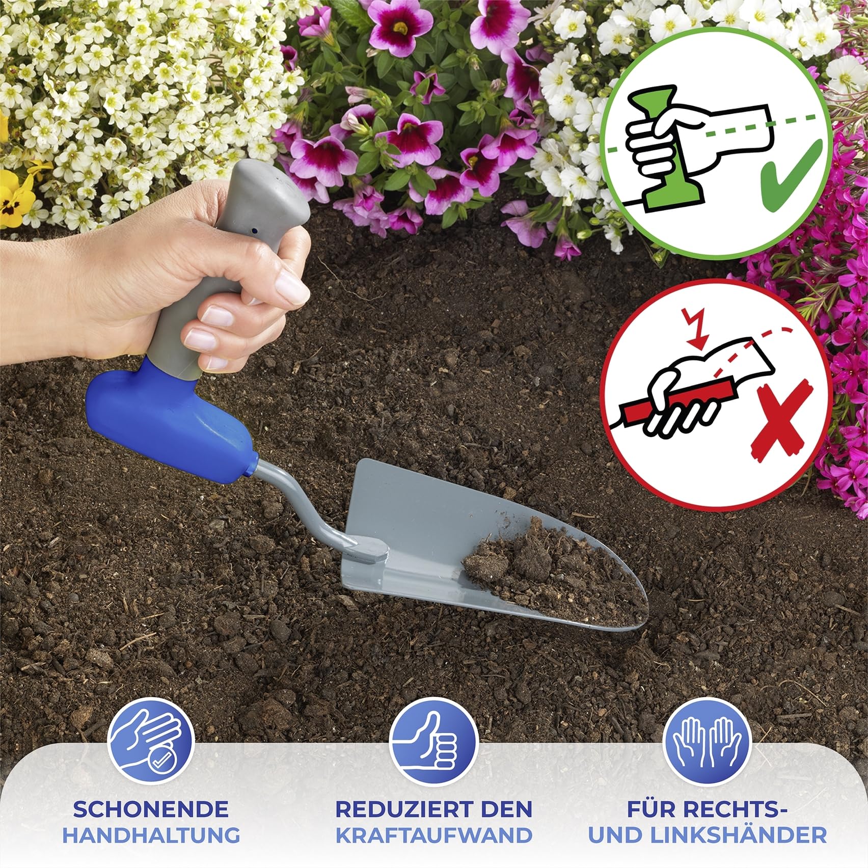 Maximex Ergonomisches Gartenset 3-tlg. - Gelenkschonende Schaufel, Harke & Unkrautjäter