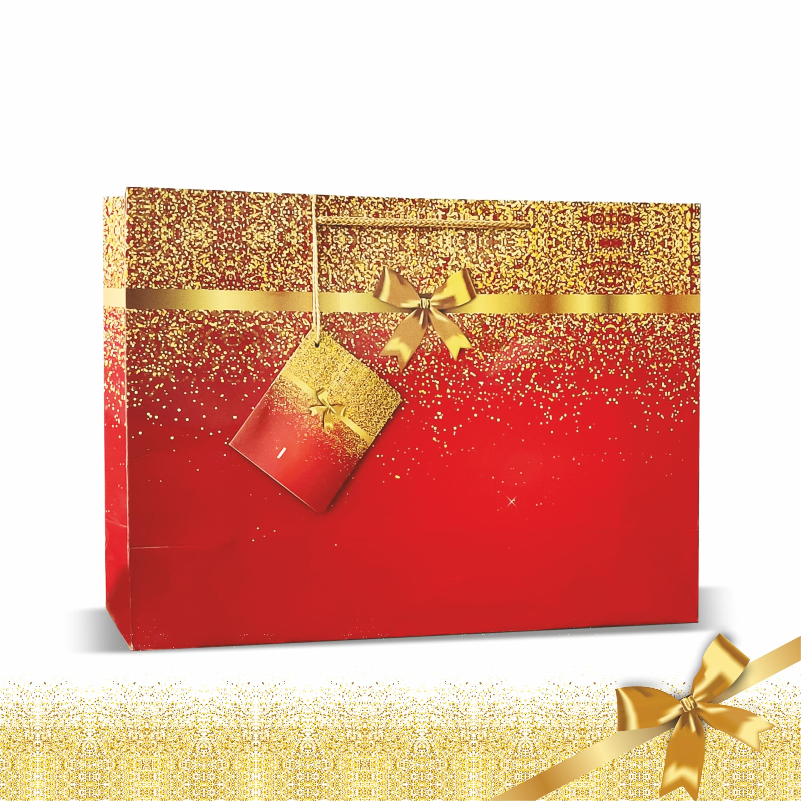 VESTTA -ELEGANCE REDEFINED Paper Gifts Bags, Glitter With Golden Bow, Gloss Finish, 14 (L) X 4.5 (B) X 10(H) Inches, Pack Of 10, Weddings, Diwali, Birthdays, Christmas With Gift Tags (Red)