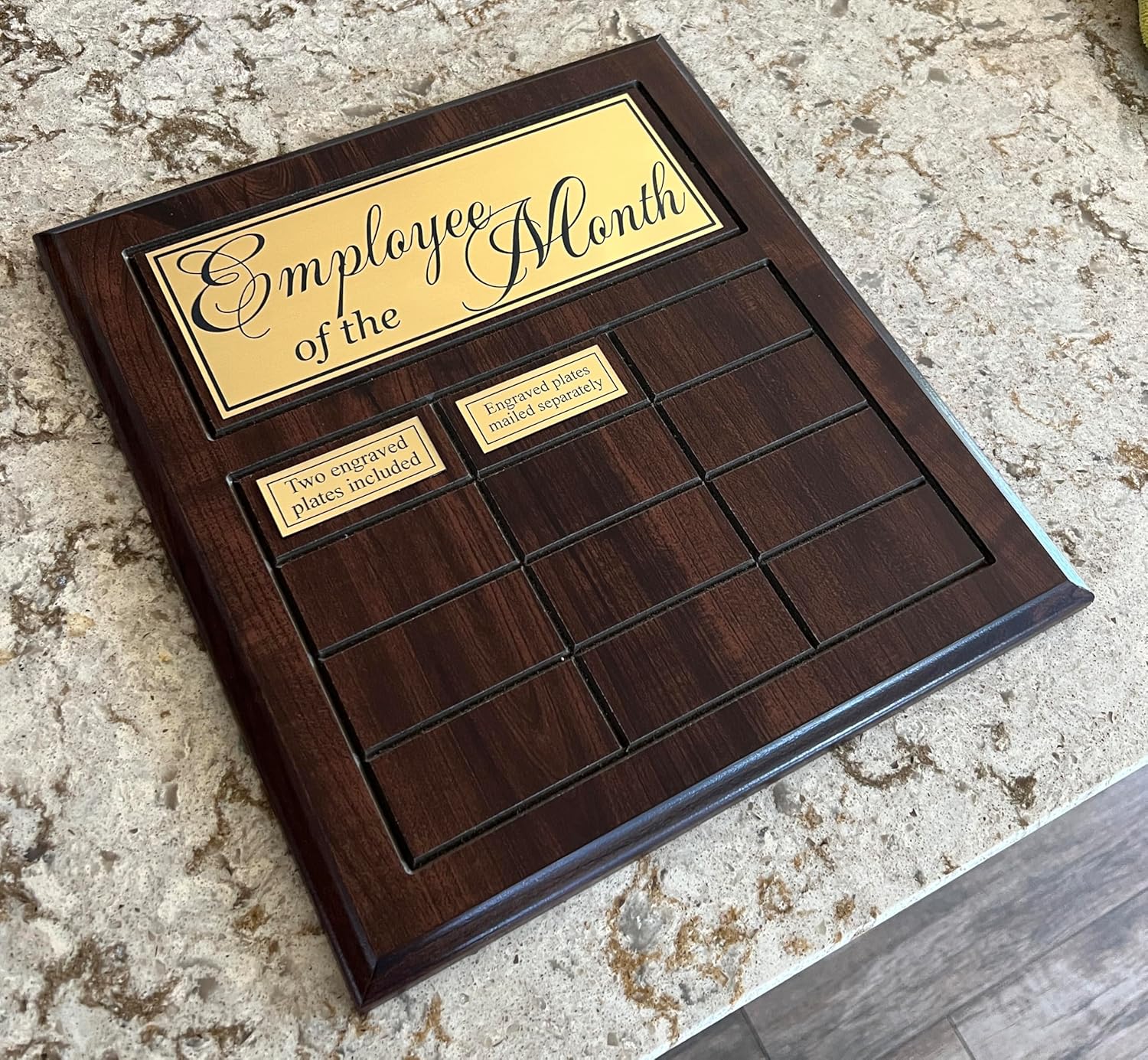 Made in USA Employee of the Month Perpetual Plaque with 2 Free Custom Plates, Wood, 15x12 Inches, Wall Mount, Recognition Style, Americana, Holds 12 Monthly Plates - Image 3