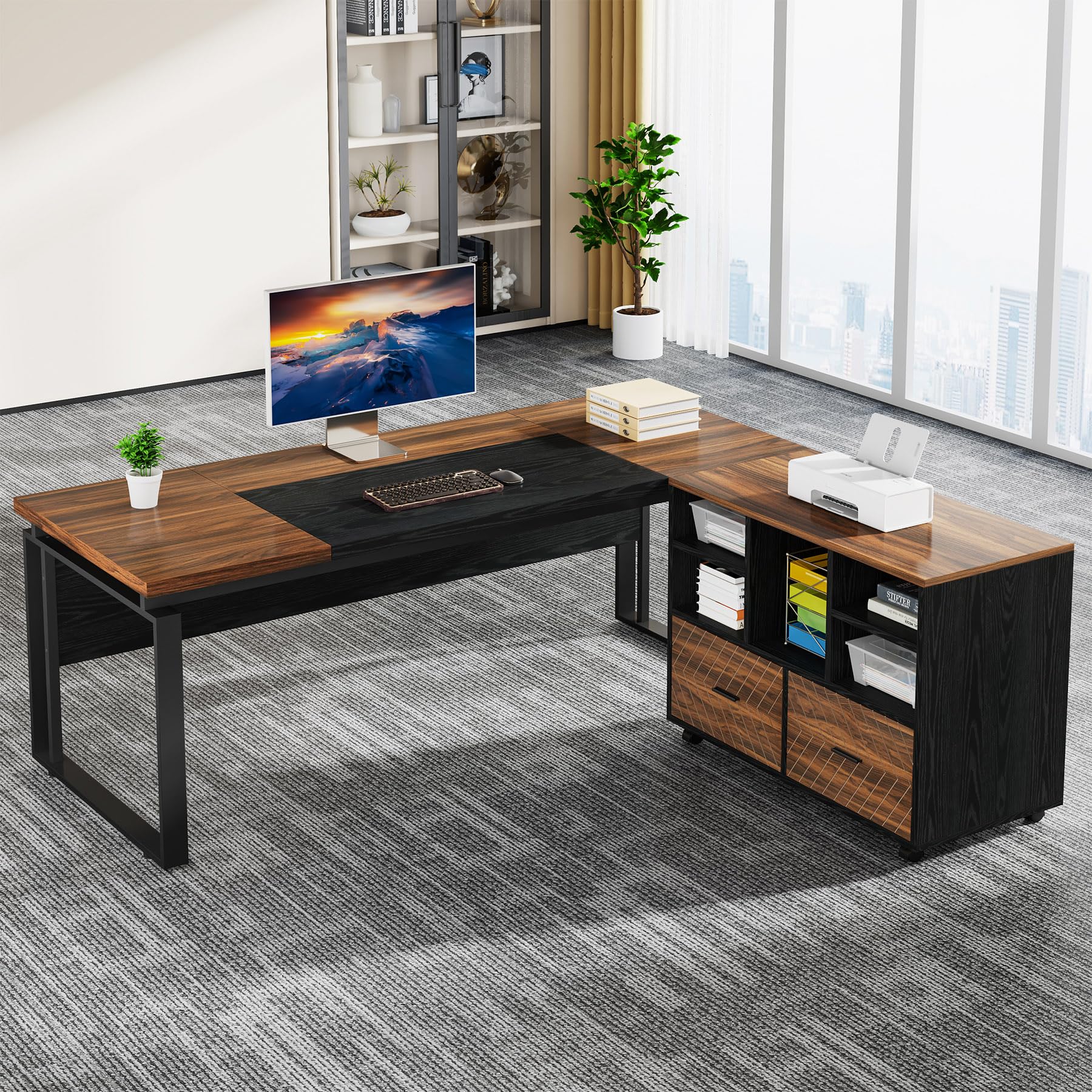 SEE DESCRIPTION Tribesigns L-Shaped Executive Desk with Reversible File Cabinet, 63" Office Desk with Storage Drawers, L-Shaped Computer Desk with Drawer Cabinet for Hanging Letter Size Files (Walnut & Black)