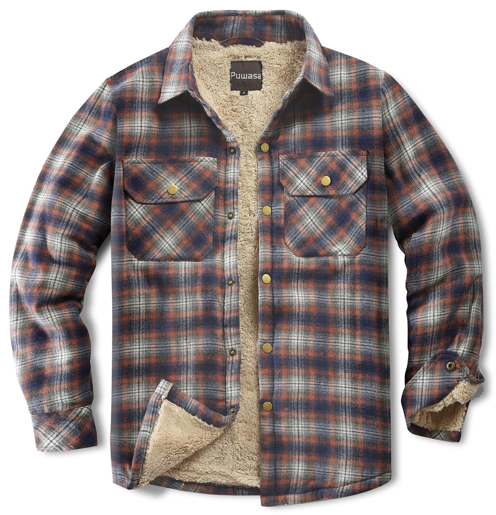 Men's Sherpa Cotton Flannel Shirt Jacket Plaid Button Coat Pocket