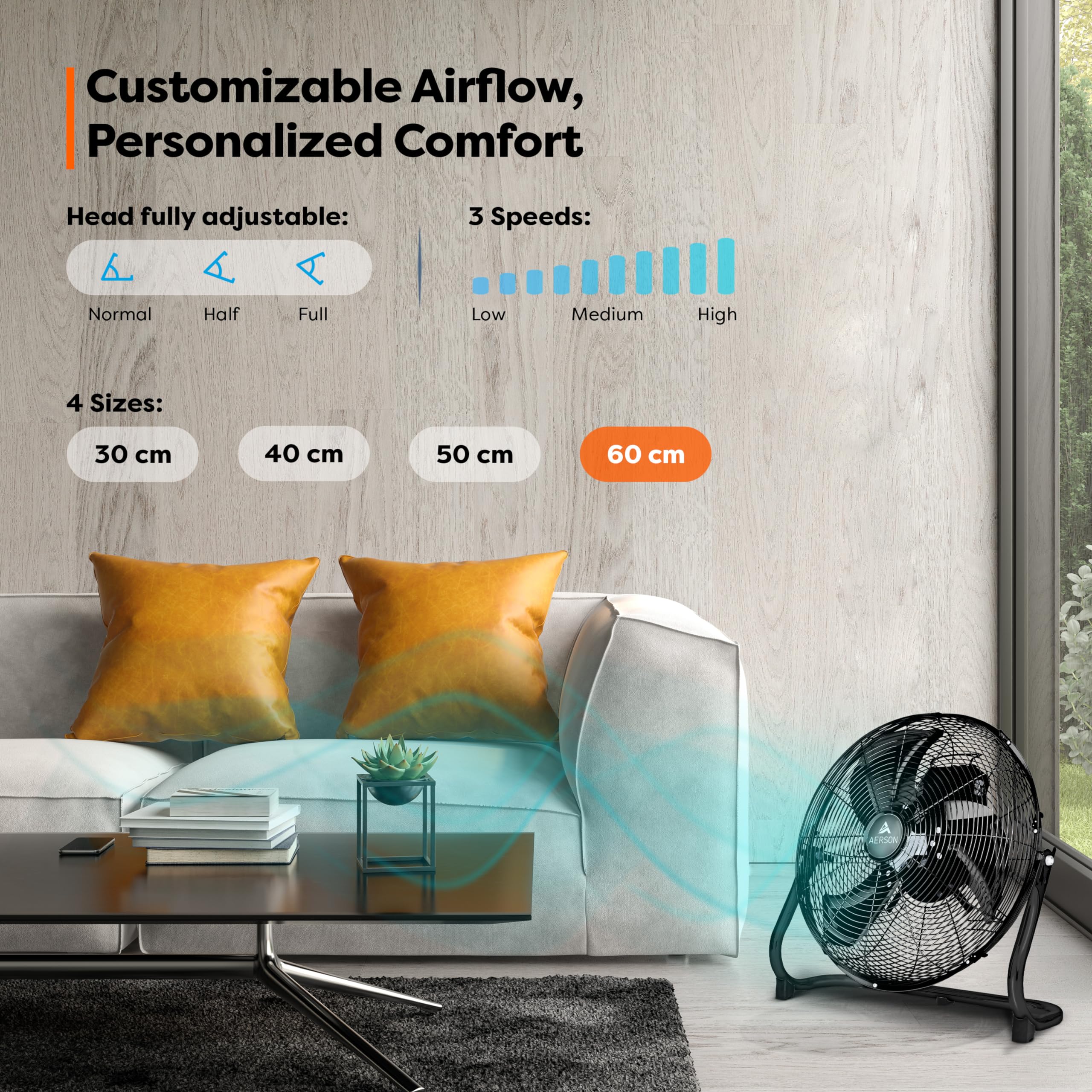 TRESKO AERSON Ventilateur de Sol 60 cm | Ventilateur sur Pied 200W | avec 3 niveaux de puissance | Débit d'air élevé | Construction robuste en métal | Inclinable à 110 degrés