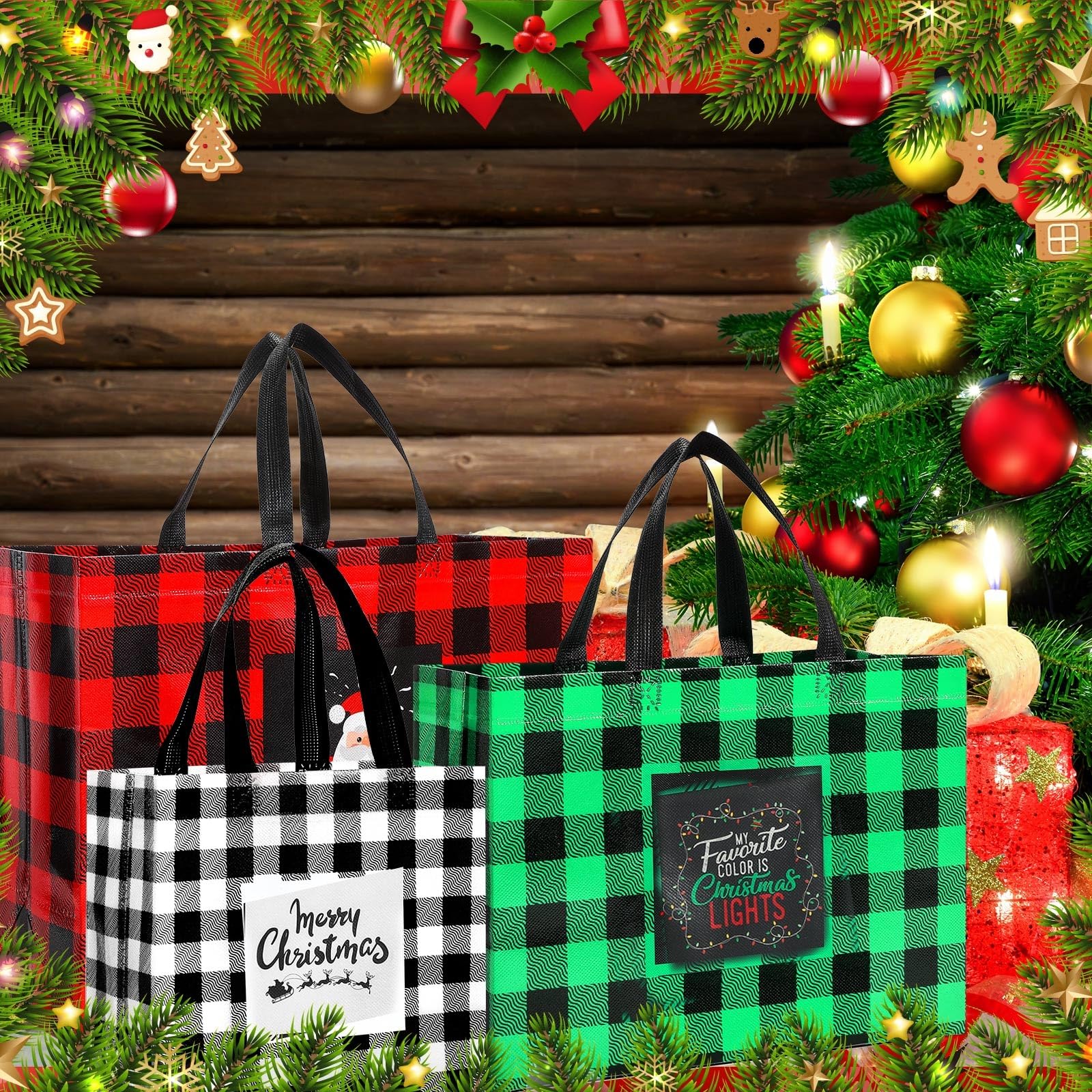 Silkfly 36 Stück gemischte Größen Weihnachten Geschenktüten Weihnachten Tragetaschen Vlies Büffel Plaid Wiederverwendbare Taschen mit Griffen Weihnachtstüten Xmas Lebensmittel Einkaufen Geschenkpapier