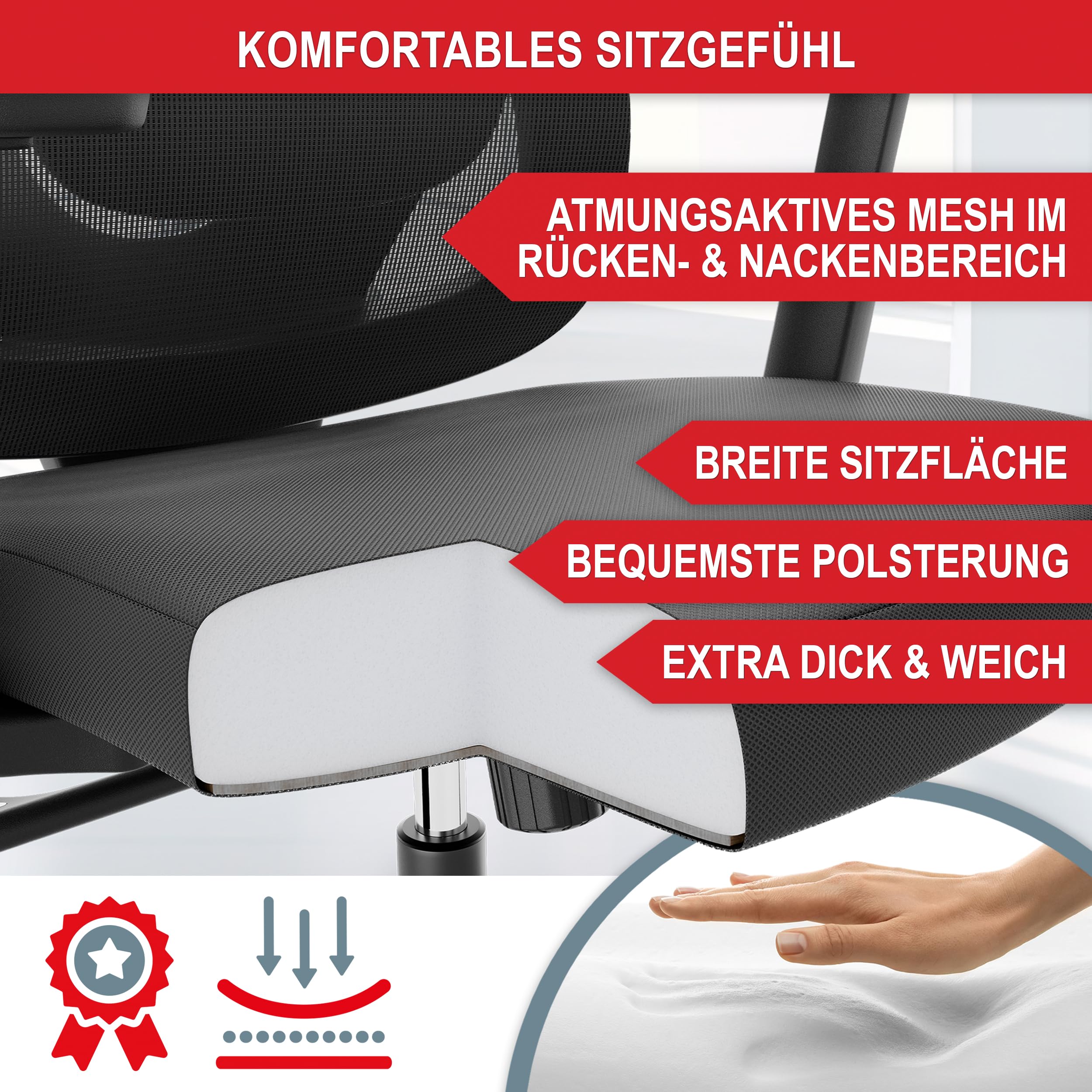 Onbest Bürostuhl ergonomisch – Mesh-Stuhl mit Lordosenstütze | Homeoffice- und Büro-Drehstuhl mit Kopfstütze, Armlehnen, breiter Sitzfläche, leisen Rollen und bis 150 kg belastbar