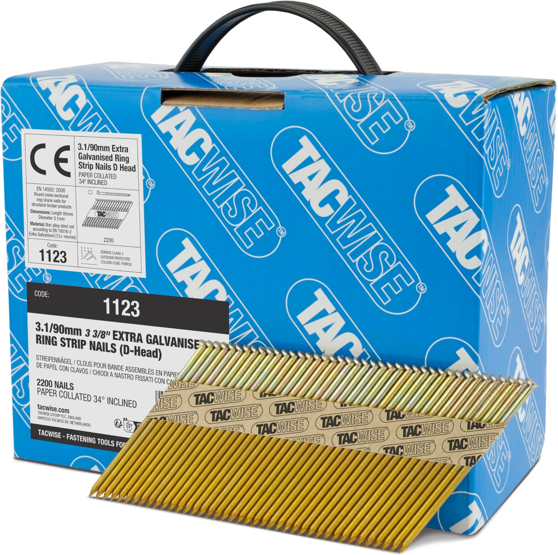 Tacwise 1123 3.1 / 90 mm Extra Galvanised Framing Nails, D Head, Ring Shank, 34° Inclined, Paper Collated, Pack of 2,200, Grey