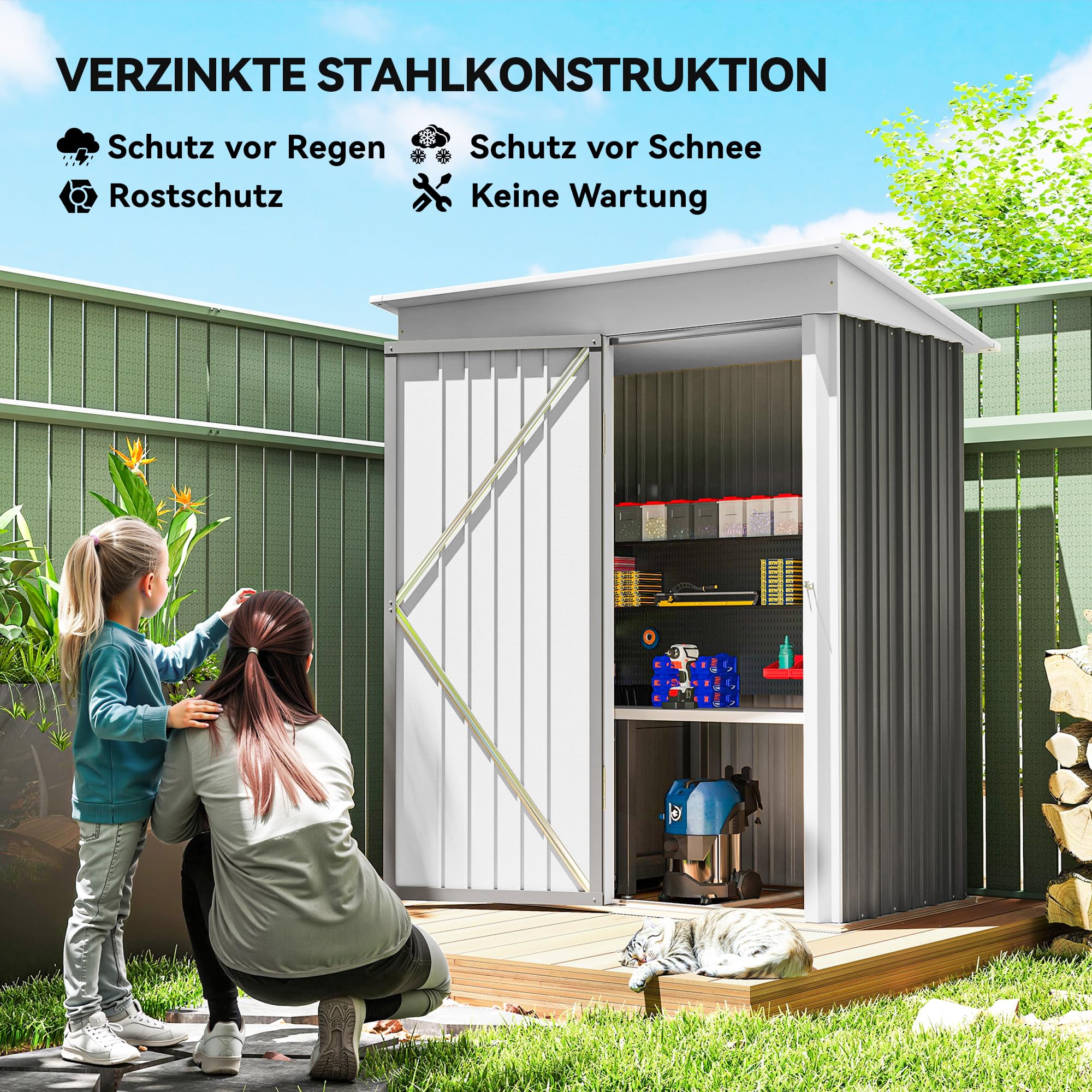 Outsunny Metall Gerätehaus 1,36m² mit Pultdach 161 x 95 x 181cm Grau | Fundament, Verstellbare Regale, Abschließbare Tür, Wetterfest, Geräteschuppen, Gartenhaus, Outdoor Garten Schuppen