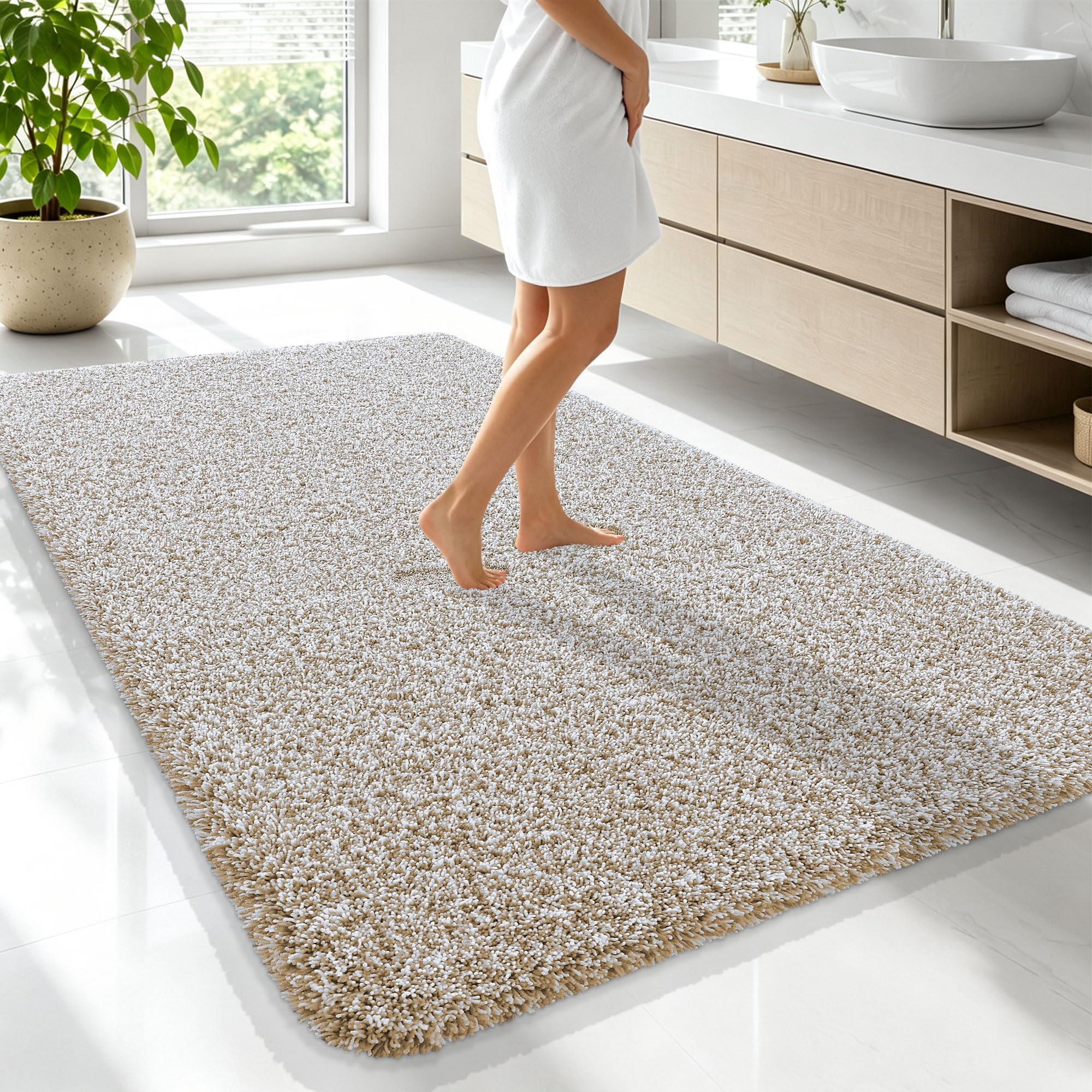 OLANLY Microfiber Bathroom Rugs 70x46, Quick Dry Bath Mat, Beige and White