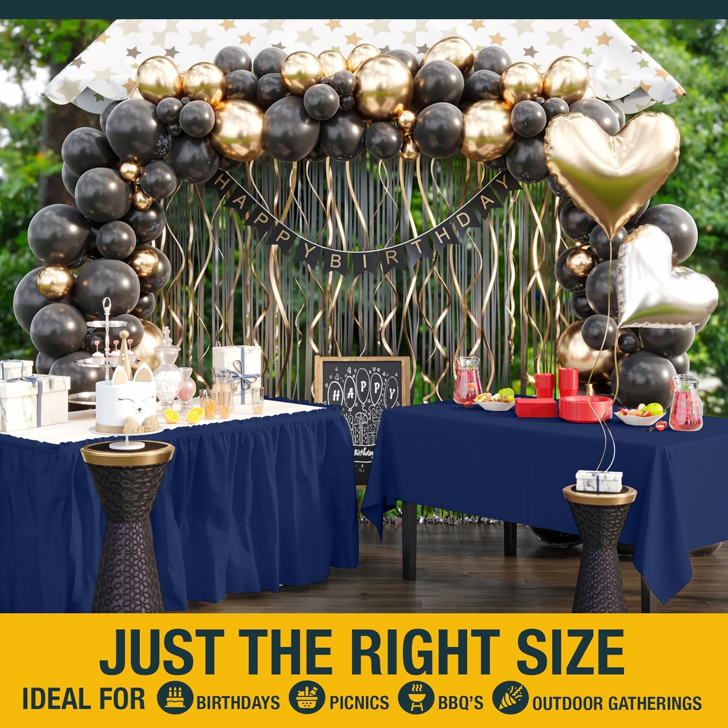 Party Solids Navy Blue Plastic Table Cloth Rectangle Table Cover 54" x 108" Disposable Table Cloths for Parties & 14 Ft Long Table Skirts for Rectangle Tables 6ft Plus Combo 6 Covers & Table Skirt