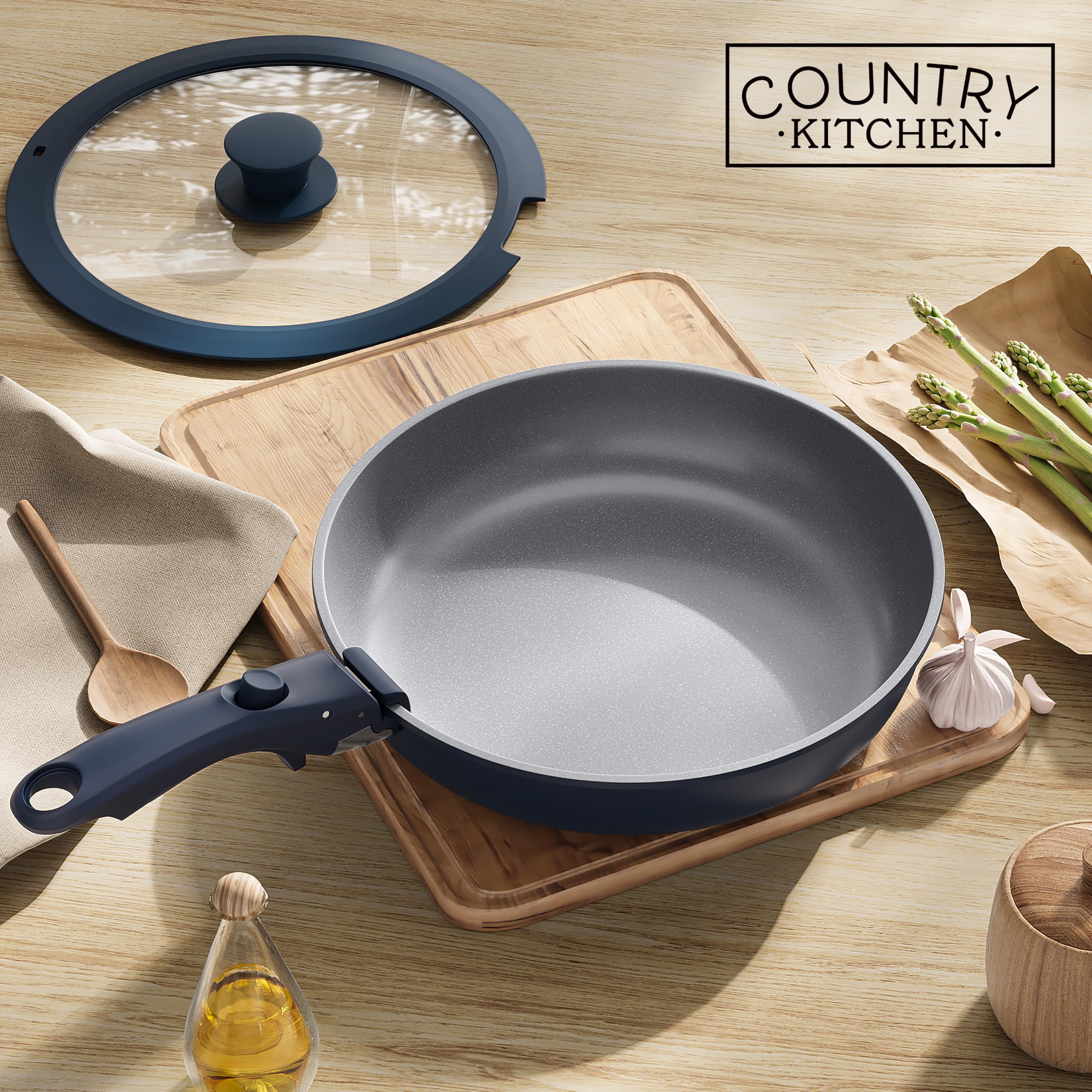 Country Kitchen 16-częściowy zestaw garnków i patelni – bezpieczne nieprzywierające naczynia kuchenne z miękkim w dotyku zdejmowanym uchwytem, zestaw naczyń do kampera, nadaje się do piekarnika