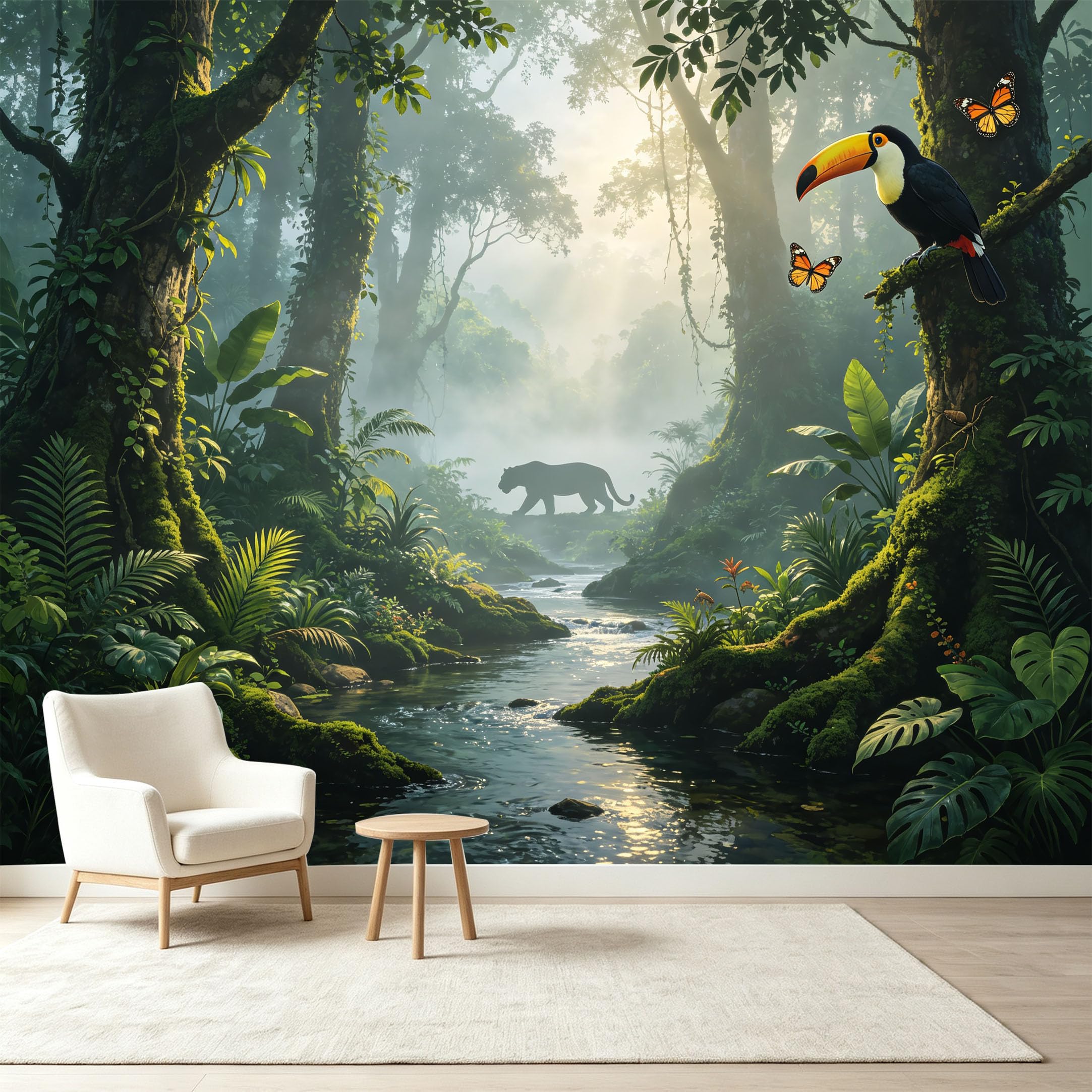 Custom Size Wall Murals Tropical Jungle Rainforest Toucan Leopard River Self-Adhesive Wall Fabric Removable Wallpaper Wall Decor for Living Room Bedroom Bathroom