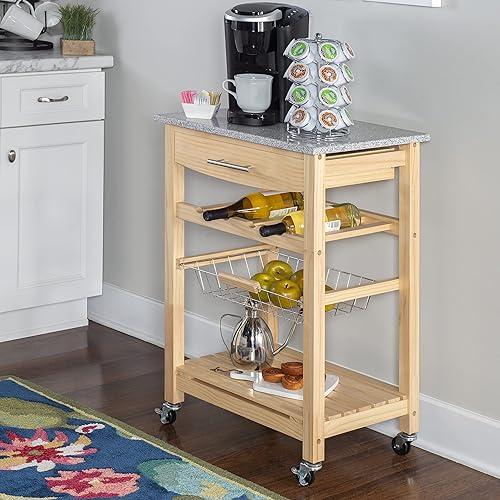 Miniatura 11 de Linon Isla de cocina con tapa de granito natural Mila con cesta de almacenamiento y ruedas