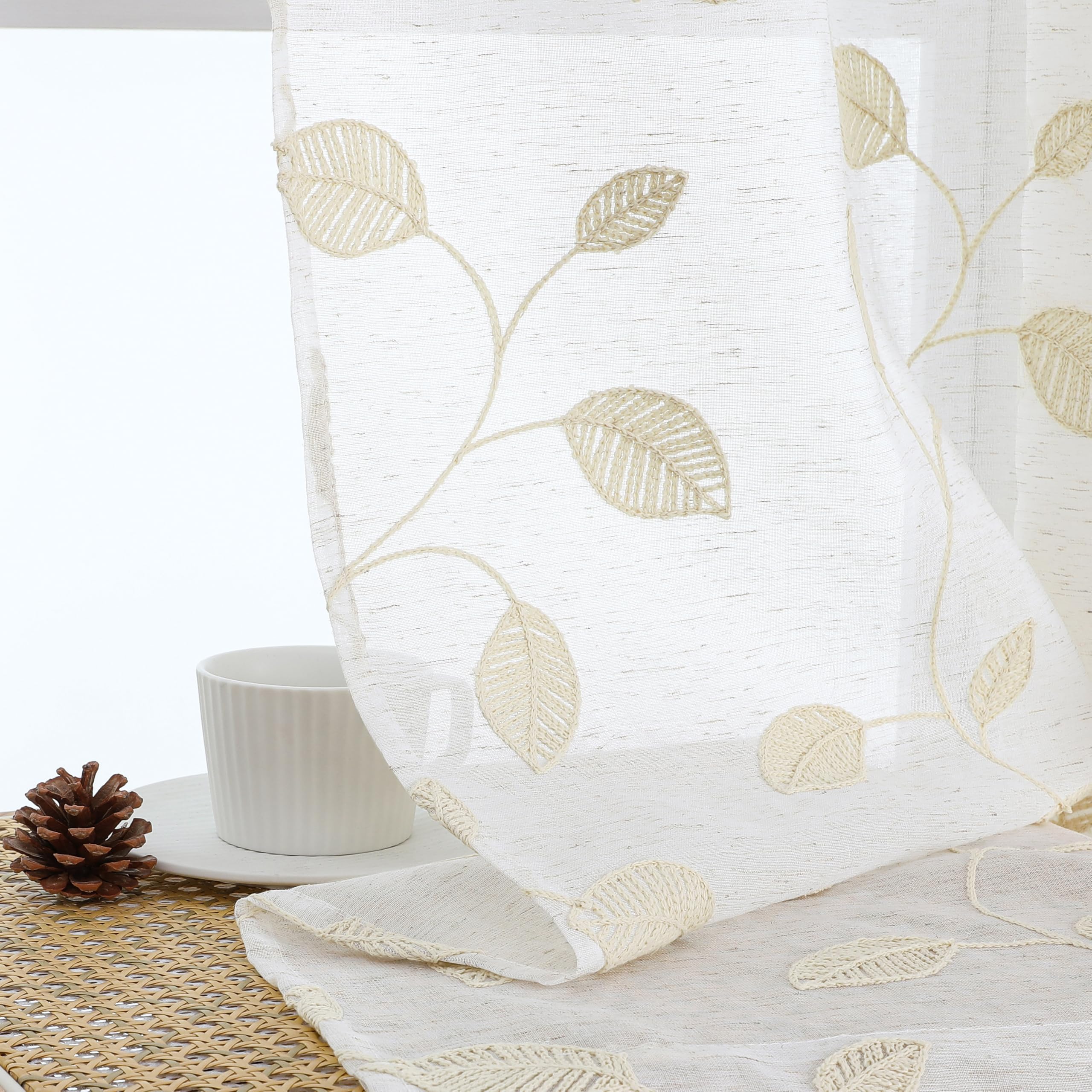 OVZME Sheer Curtains - Embroidered Leaf Drapes -1