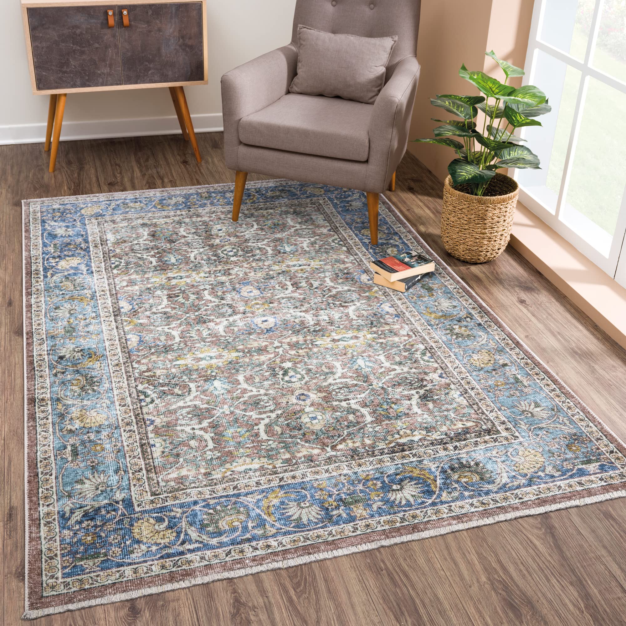 Bloom Rugs Washable Non-Slip 2x3 Rug - Blue/Red Brown Traditional Oriental Area Rug for Living Room, Bedroom, Dining Room, and Kitchen - Exact Size: 2