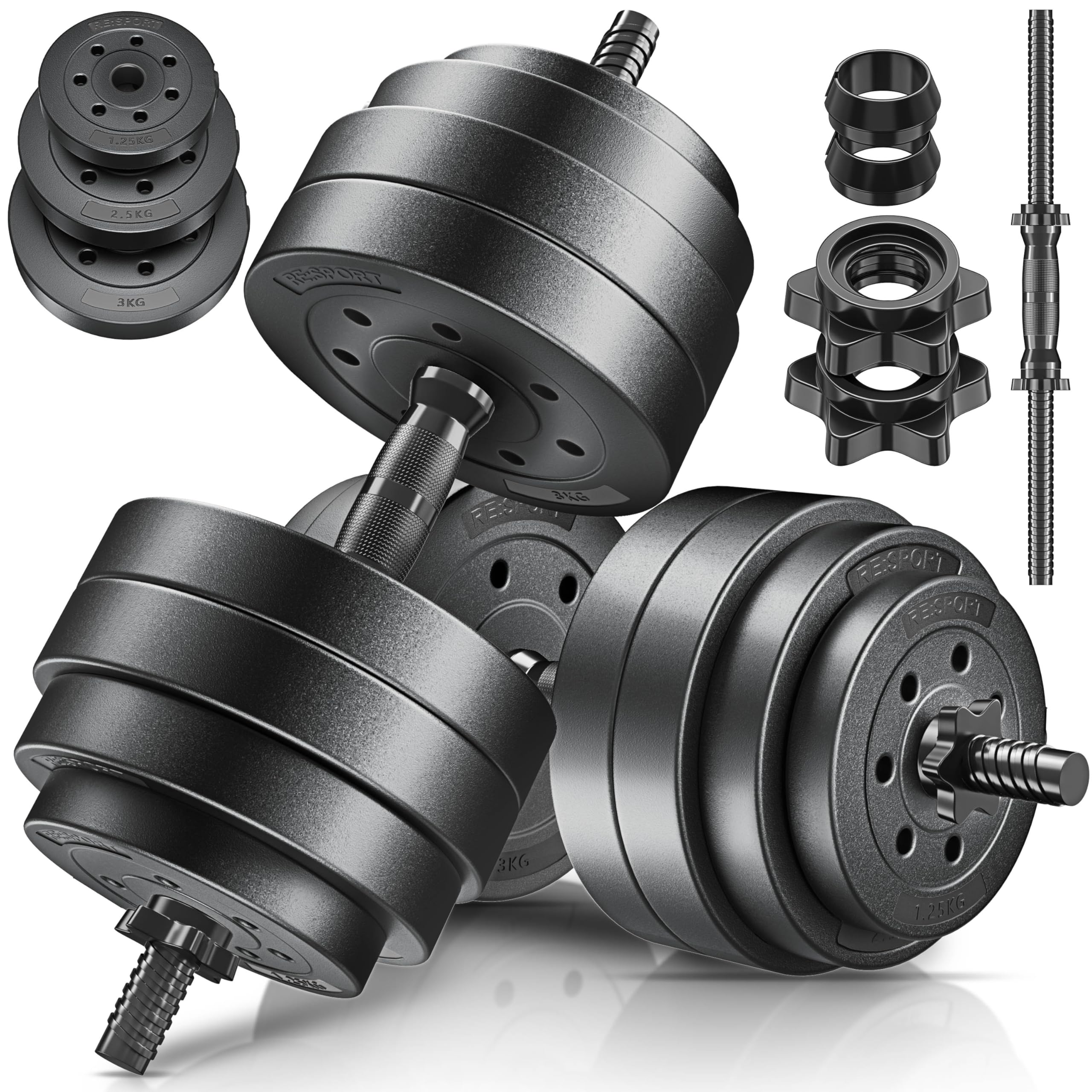 RE:SPORT Set di 2 manubri regolabili 15/20/30/40 kg | Manubri con pesi e 4 chiusure a stella | Manubri fitness per costruzione muscolare, allenamento e casa