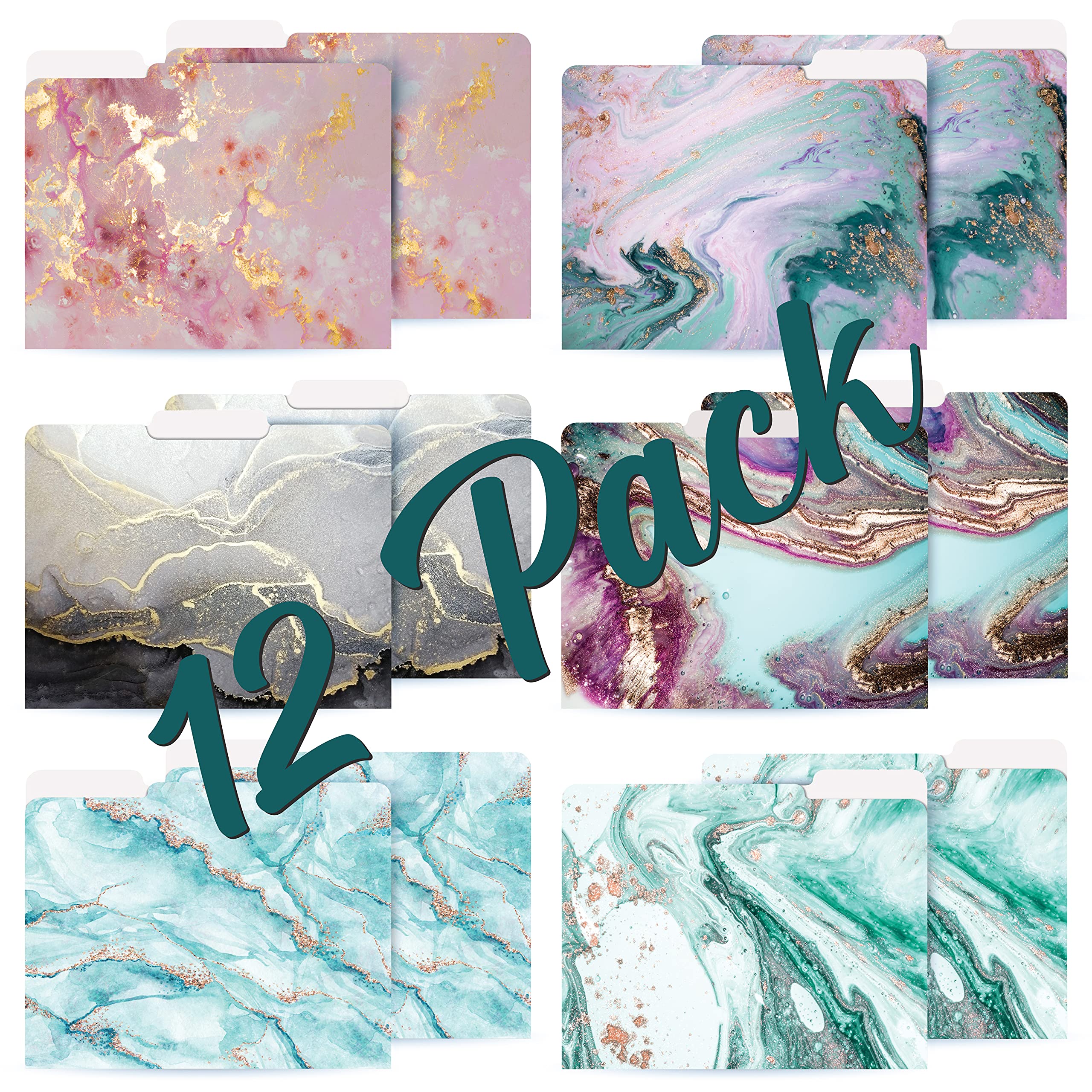 Better Office Products - Carpetas decorativas para archivos, paquete de 12, 6 diseños, peso pesado, tamaño de carta (9.5" x 11.5") con pestaña de corte de 1/3, diseños de mármol, carpetas de moda