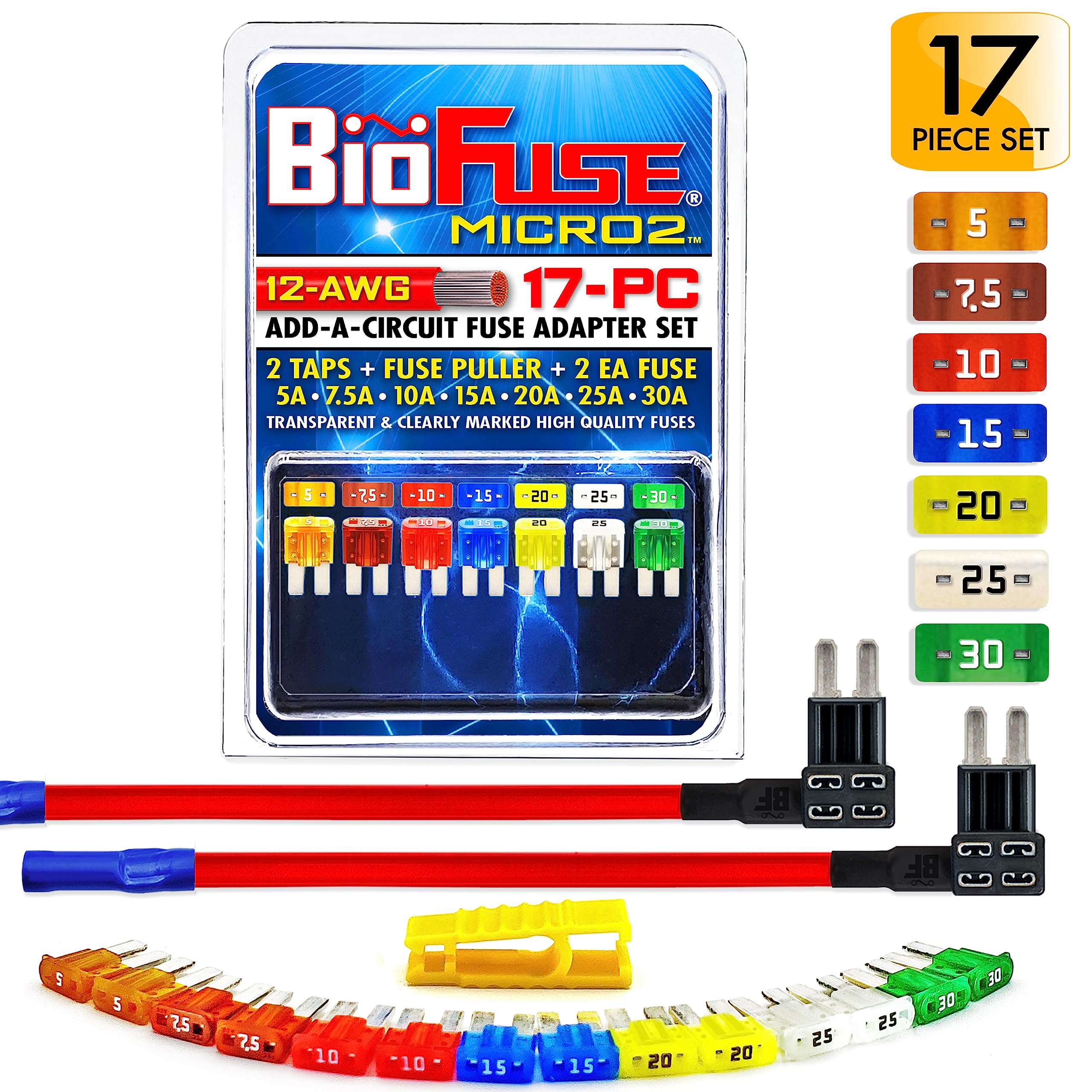 12V Micro2 APT ATR - Juego de 17 fusibles y soportes para automóviles (2 adaptadores de grifo de fusible de circuito adicional, 14 fusibles micro de 2 cuchillas + extractor de fusibles) 5A