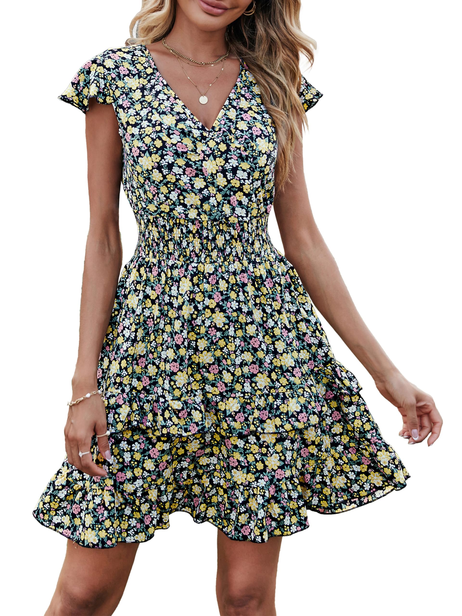 PRETTYGARDEN Womens Summer Dresses Boho V Neck Floral Print Ruffle Sleeve Layered Mini Dress Cute Smocked Waist Short Dress