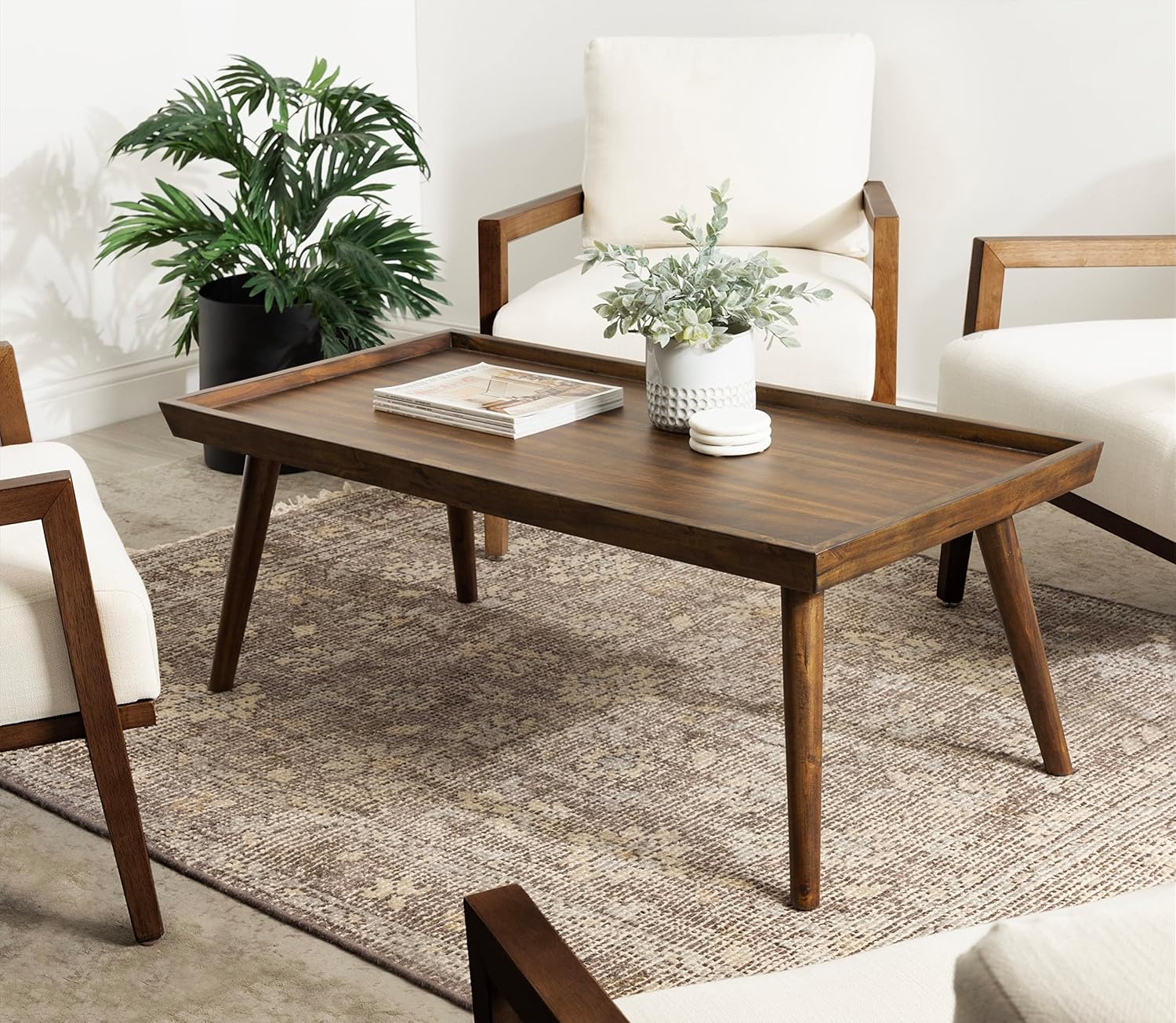 Kate and Laurel Eastmont Rectangle Wood Coffee Table; 46 x 22 x 17; Walnut Brown; Large Mid-Century Wooden Living Room Table with Stylish Tapered Legs and Adjustable Feet