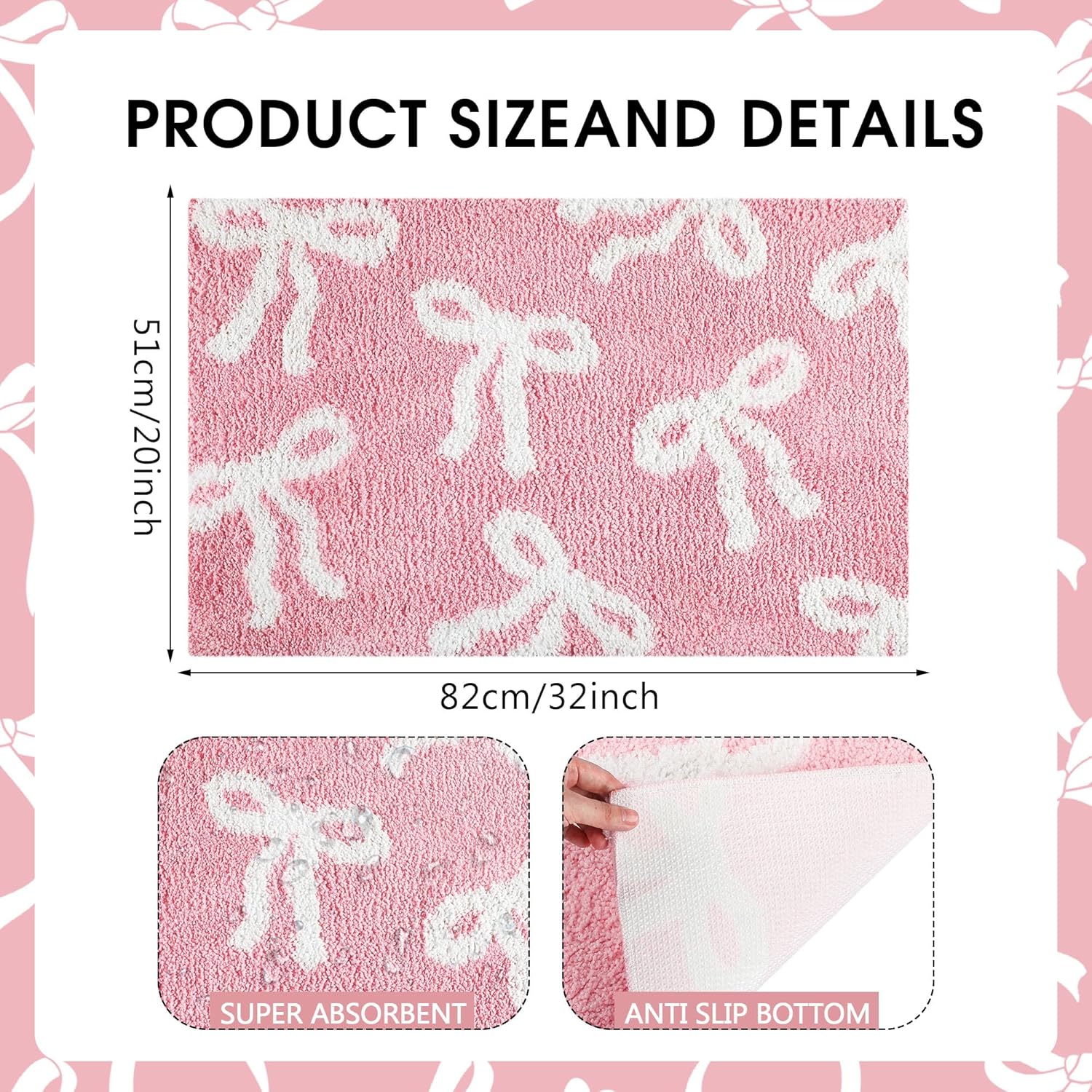Tinideya Pink Bow Bathroom Rug 20 x 32 Inch Coquette Cute Bath Mat for Bathroom Non Slip Absorbent Bow Bath Mat for College Dorm Vanity Shower Bedroom Kitchen Bedroom Decor Valentine's Day Gifts