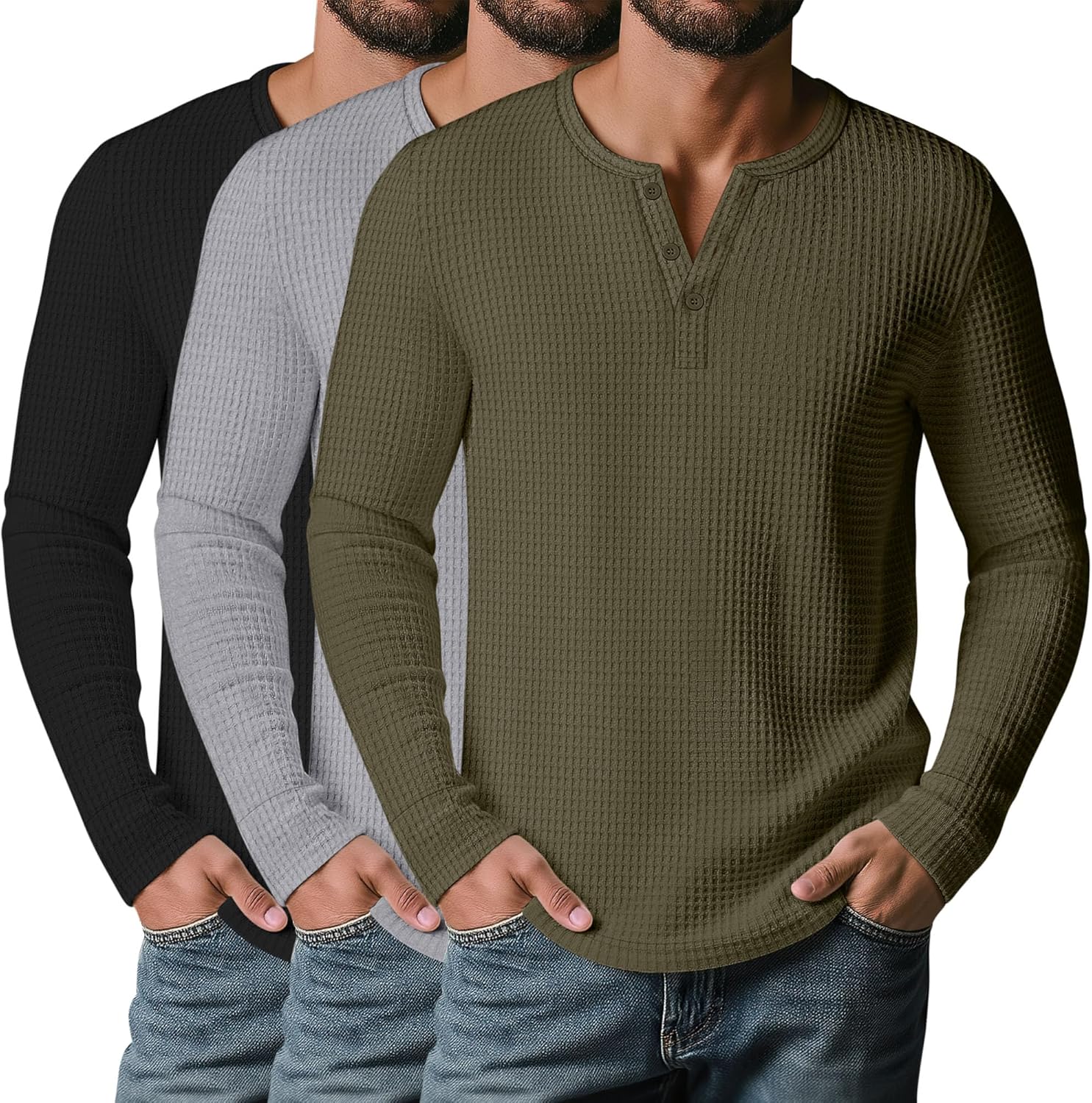 Velvelhall 3 Pack Men’s Waffle Henley Shirts, Long Sleeve Button Tops Casual Basic T-Shirts Lightweight Knit Pullover