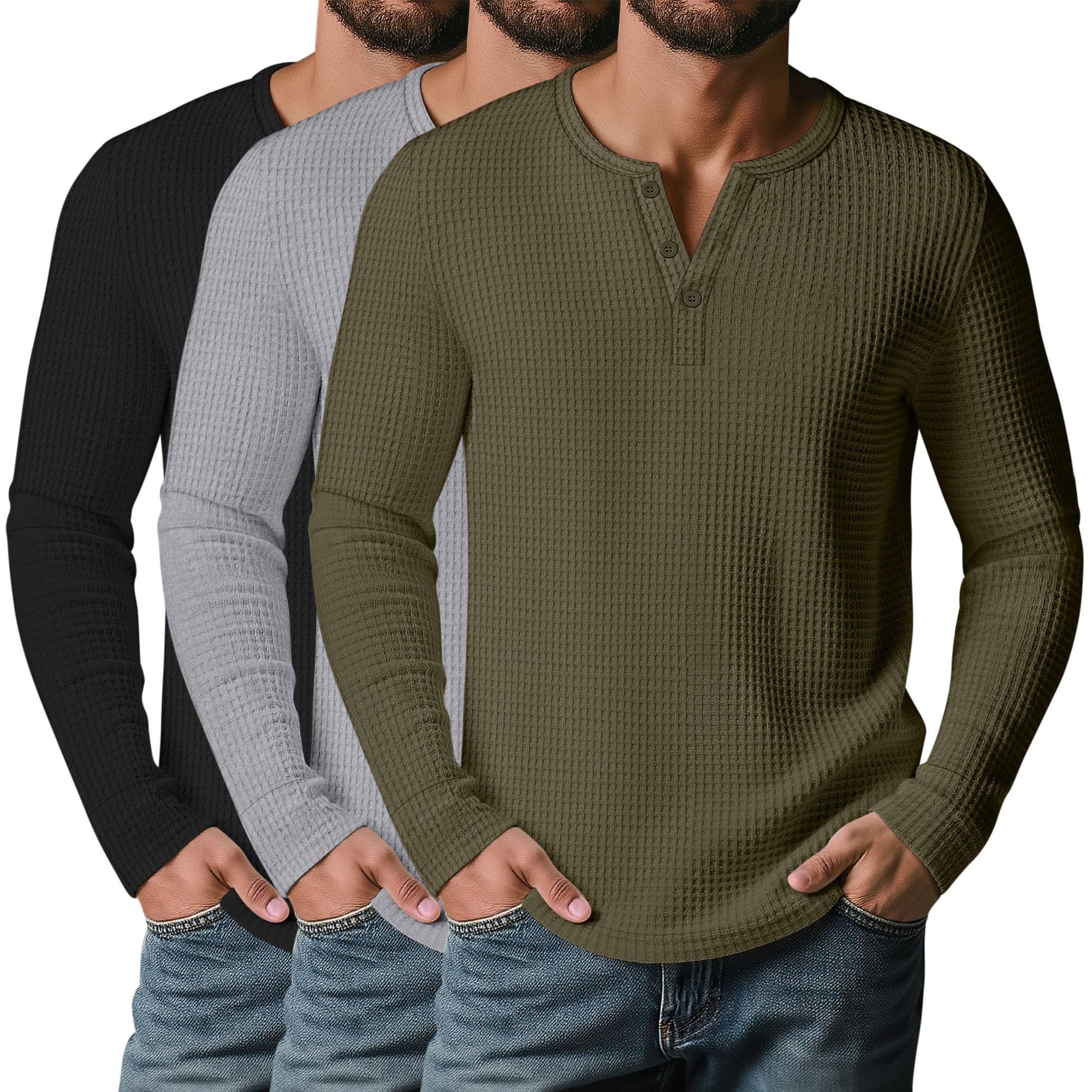 Pack de 3 Camisetas Henley de Punto Gofrado para Hombre de Manga Larga con Botones Informales Básicas de Punto Ligero
